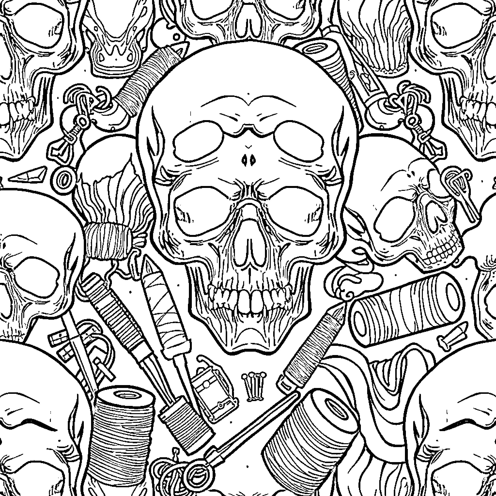 Skull Collage of Occult Symbols and Instruments Coloring Page (free black-and-white line drawing printable PDF for all, from beginners to advanced learners, including children, teens, adults, and seniors)