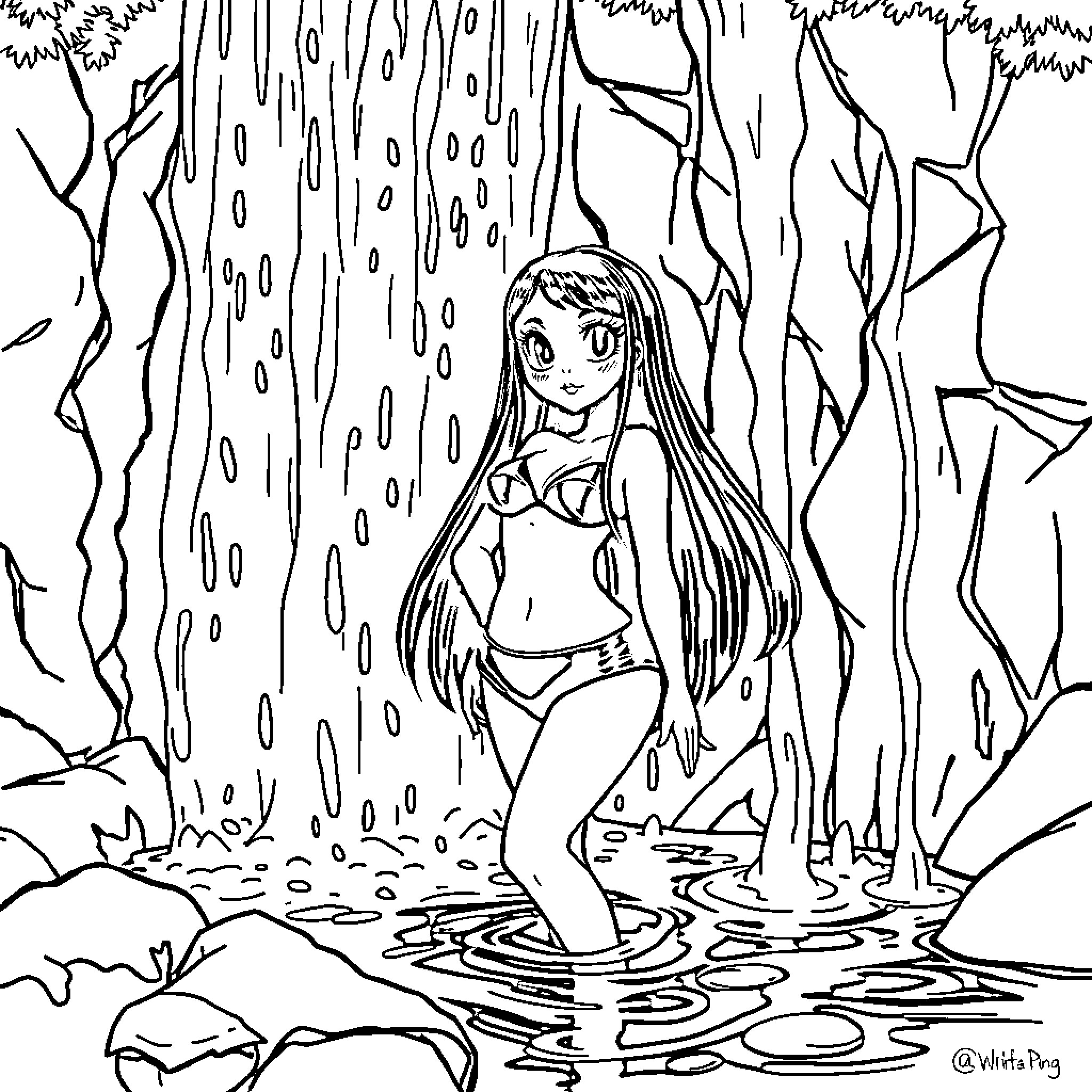 Wednesday Addams exploring a mystical woodland waterfall Coloring Page (free black-and-white line drawing printable PDF for all, from beginners to advanced learners, including children, teens, adults, and seniors)