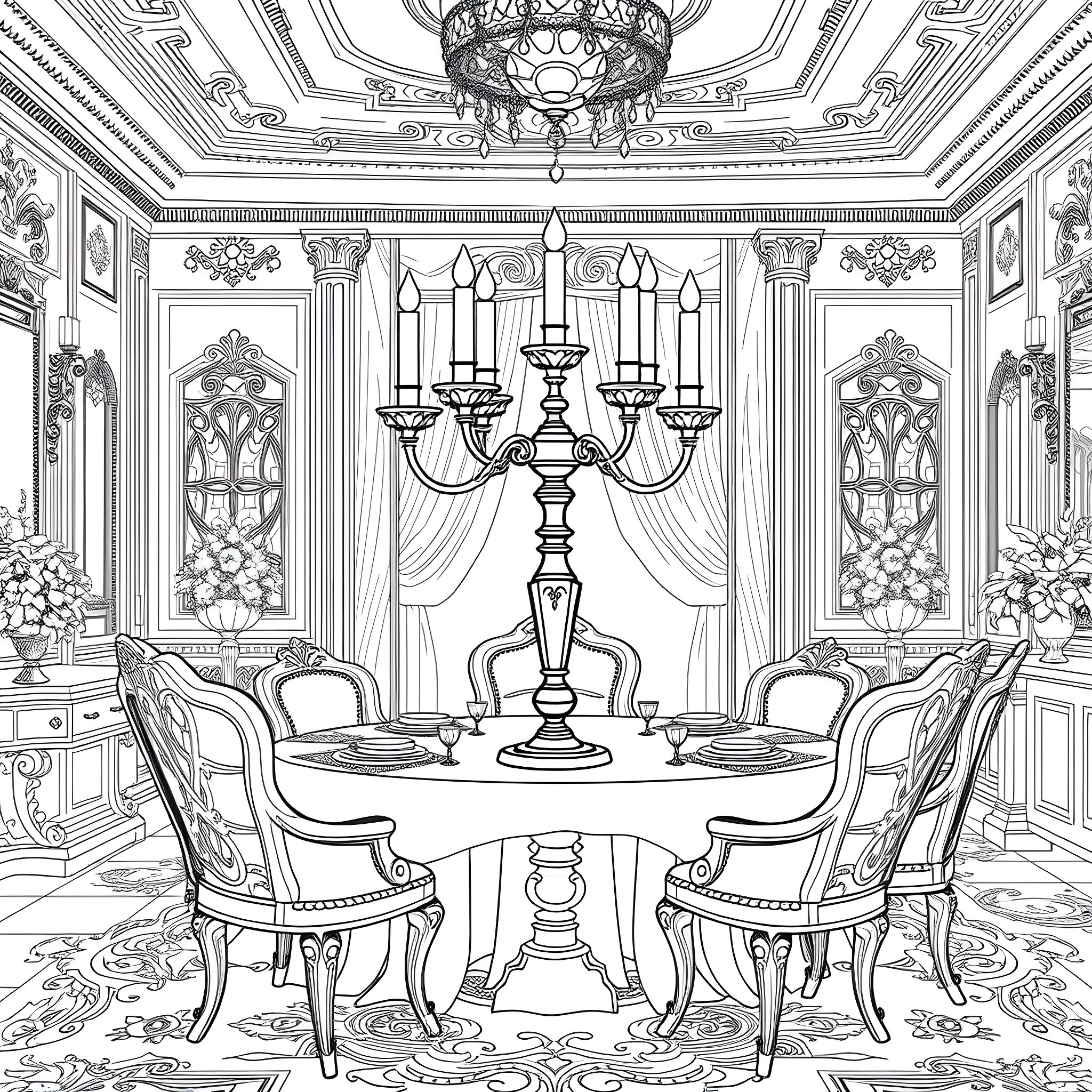 Lumiere's Elegant Dining Room Coloring Page (free black-and-white line drawing printable PDF for all, from beginners to advanced learners, including children, teens, adults, and seniors)