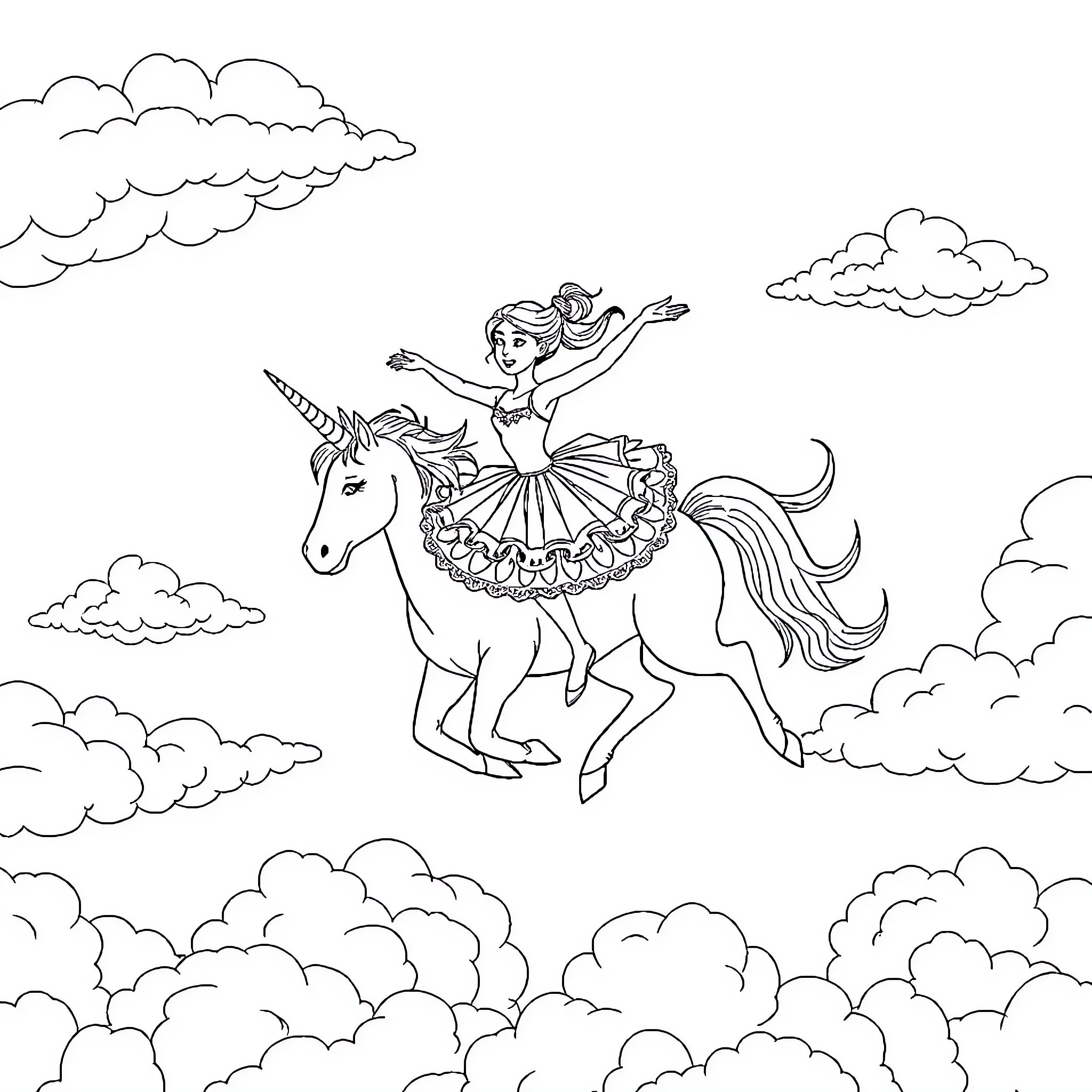 Ballerina dancing gracefully on a unicorn Coloring Page (free black-and-white line drawing printable PDF for all, from beginners to advanced learners, including children, teens, adults, and seniors)