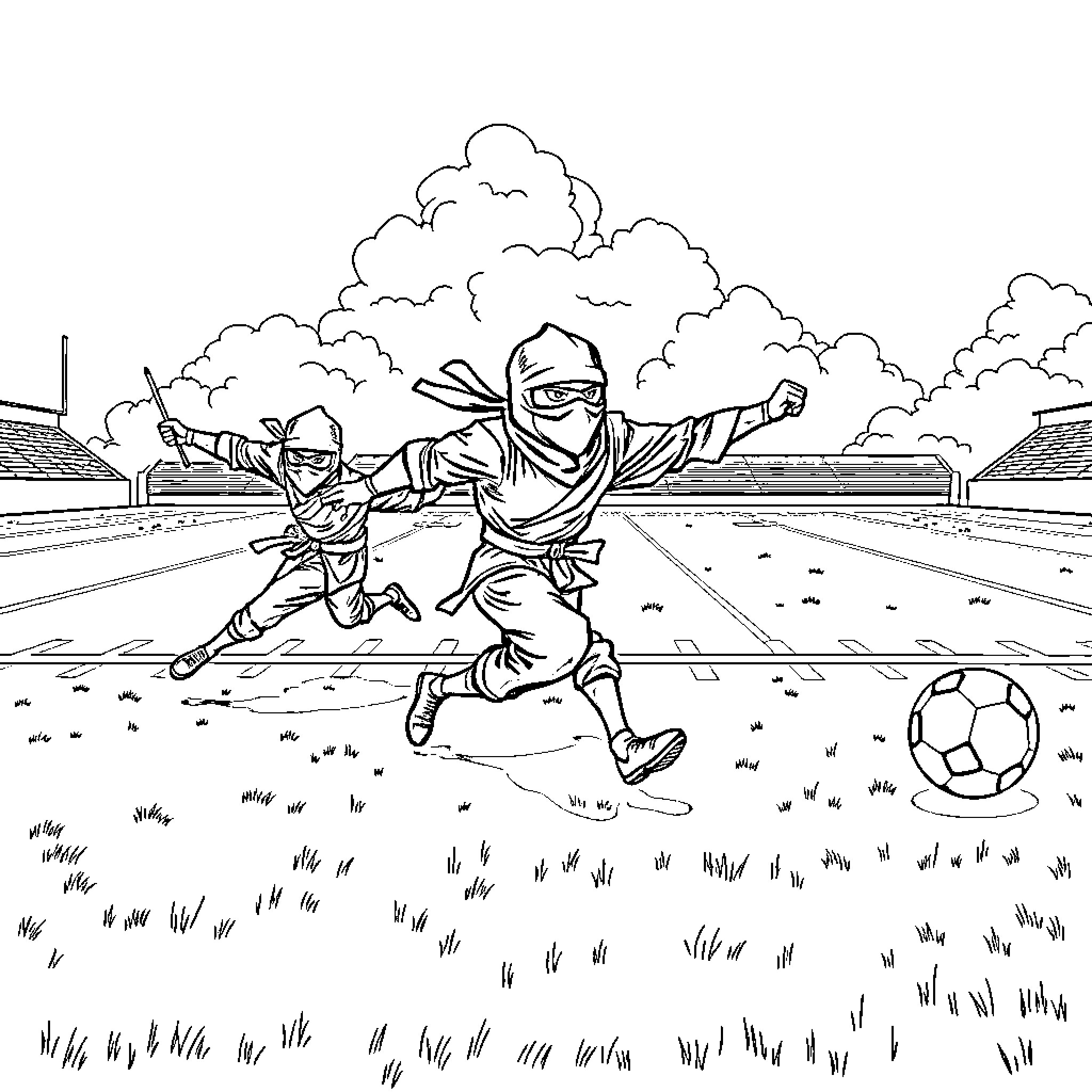Ninja soccer players in action on the field Coloring Page (free black-and-white line drawing printable PDF for all, from beginners to advanced learners, including children, teens, adults, and seniors)