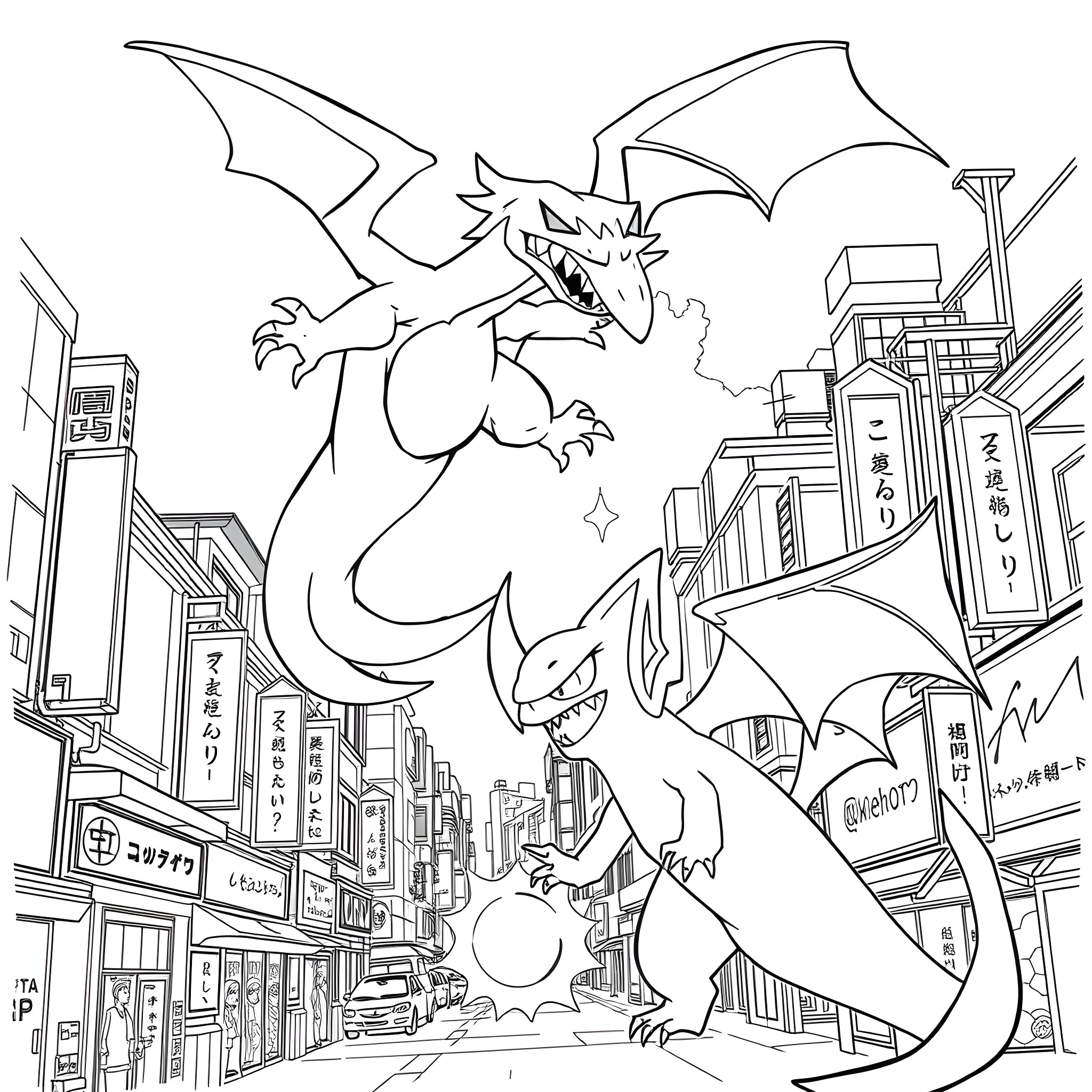 Charizard in a Busy City Street Coloring Page (free black-and-white line drawing printable PDF for all, from beginners to advanced learners, including children, teens, adults, and seniors)