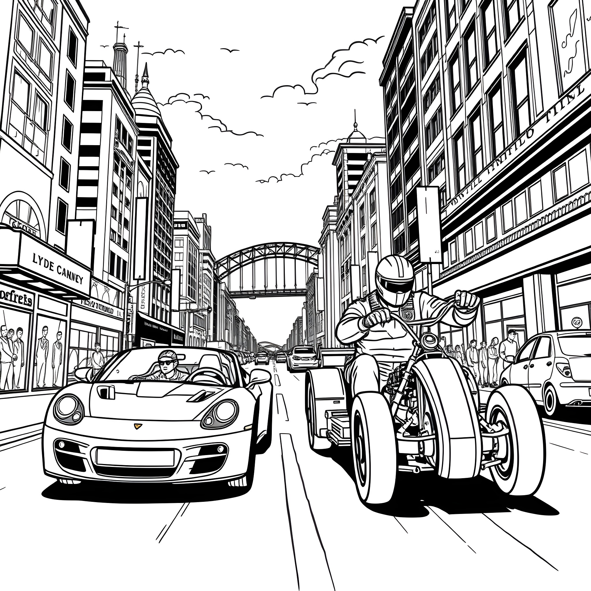 Dom Toretto's high-octane adventures in the city Coloring Page (free black-and-white line drawing printable PDF for all, from beginners to advanced learners, including children, teens, adults, and seniors)