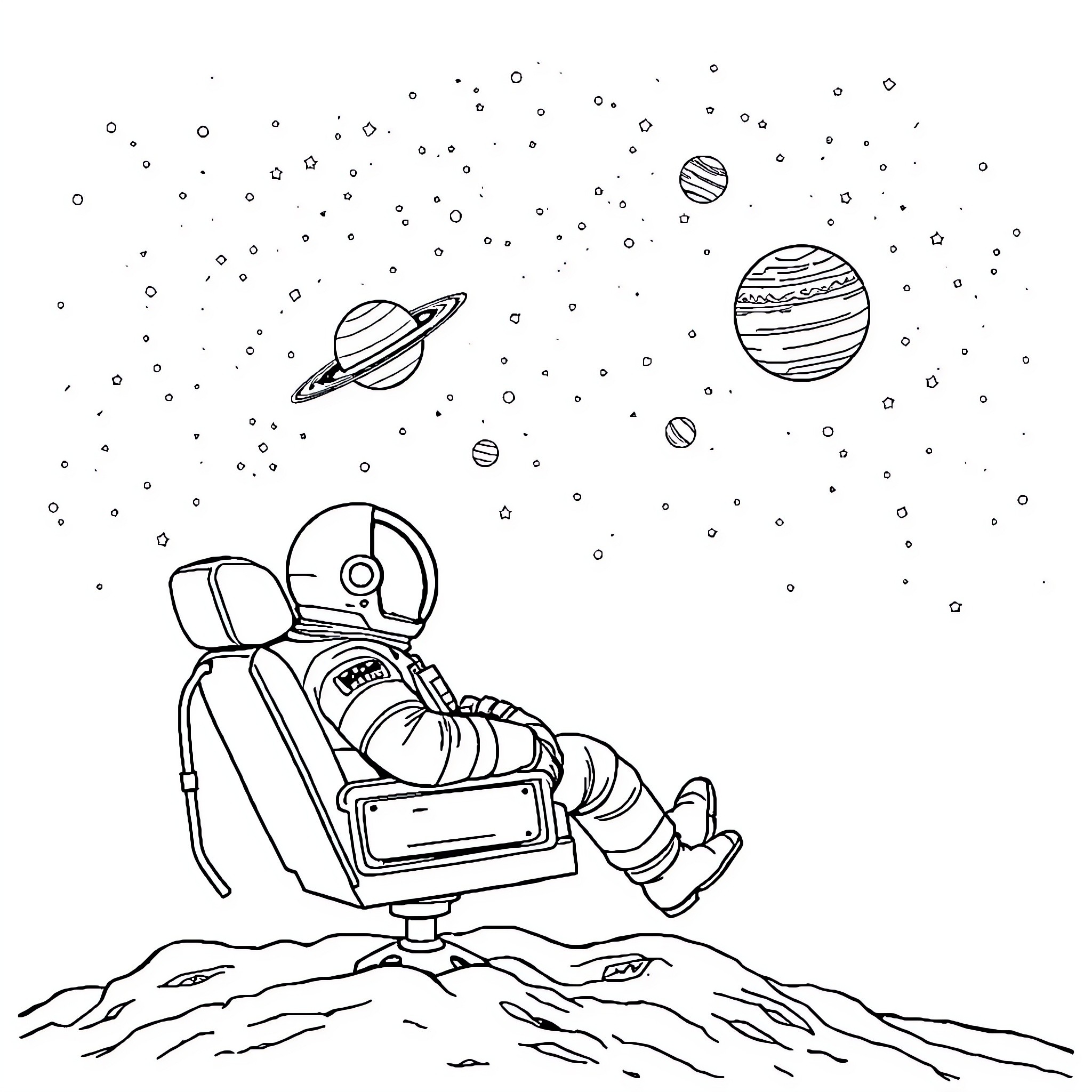 Astronaut exploring the wonders of outer space Coloring Page (free black-and-white line drawing printable PDF for all, from beginners to advanced learners, including children, teens, adults, and seniors)