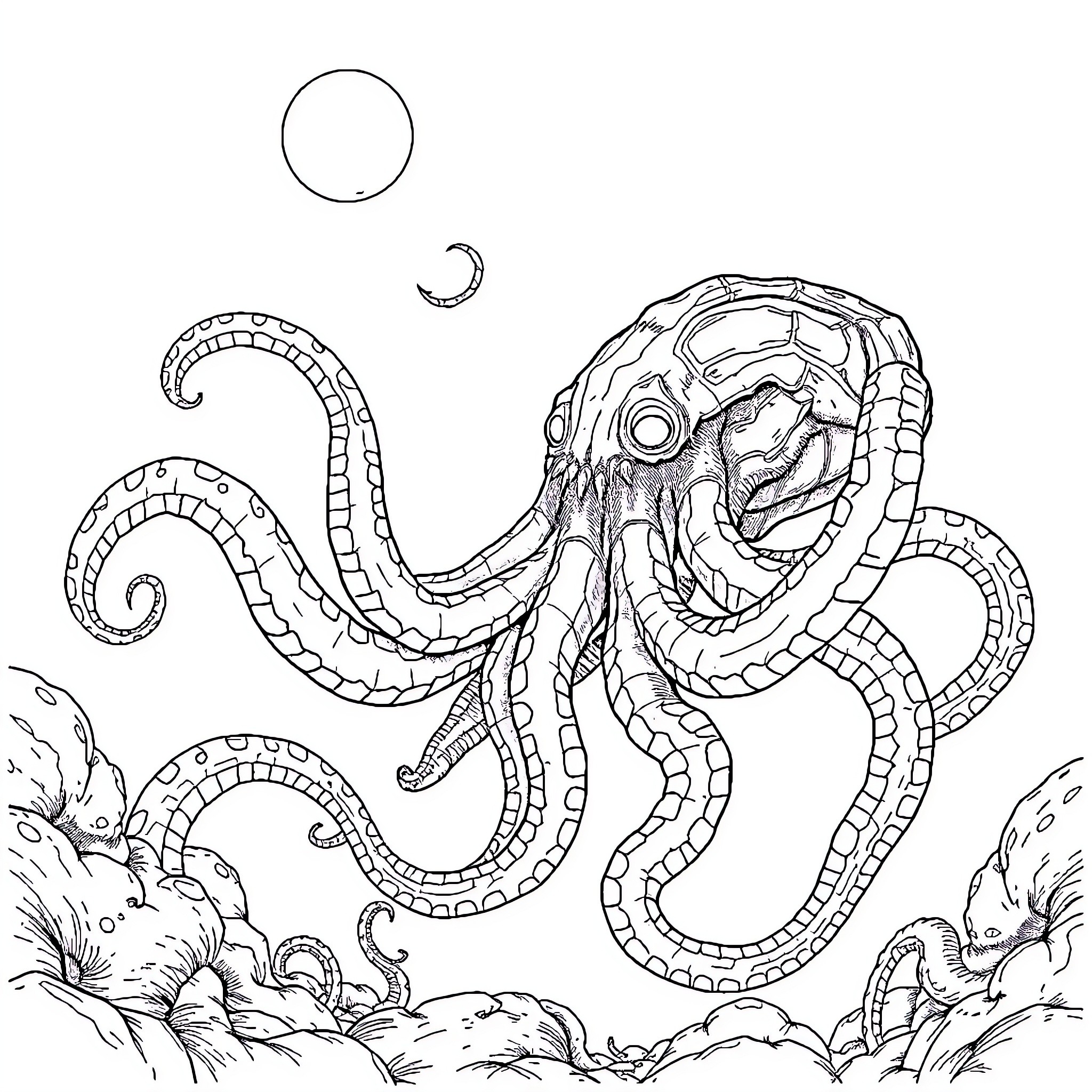 Cthulhu's Oceanic Awakening Coloring Page (free black-and-white line drawing printable PDF for all, from beginners to advanced learners, including children, teens, adults, and seniors)
