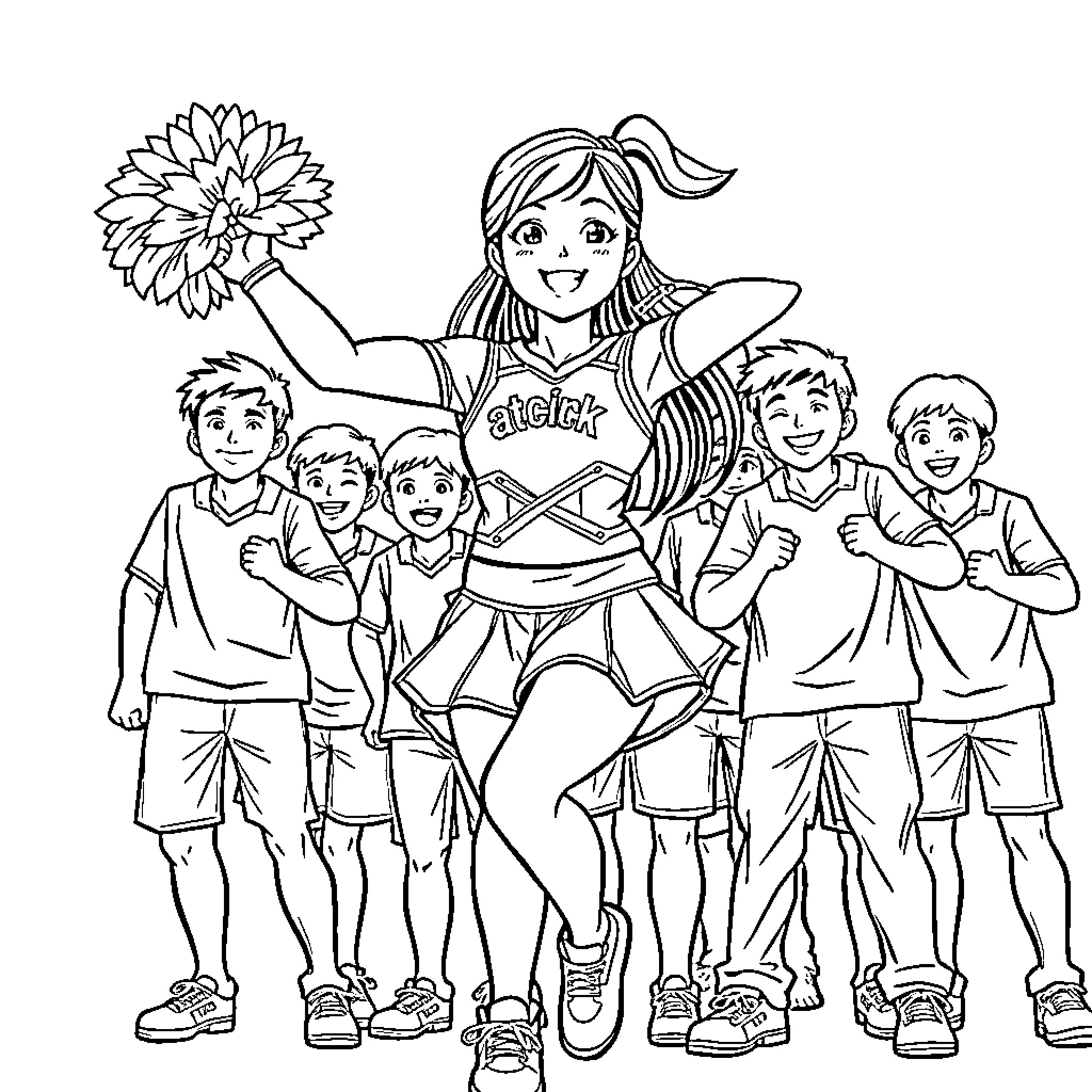 Cheerleader leading an energetic team Coloring Page (free black-and-white line drawing printable PDF for all, from beginners to advanced learners, including children, teens, adults, and seniors)