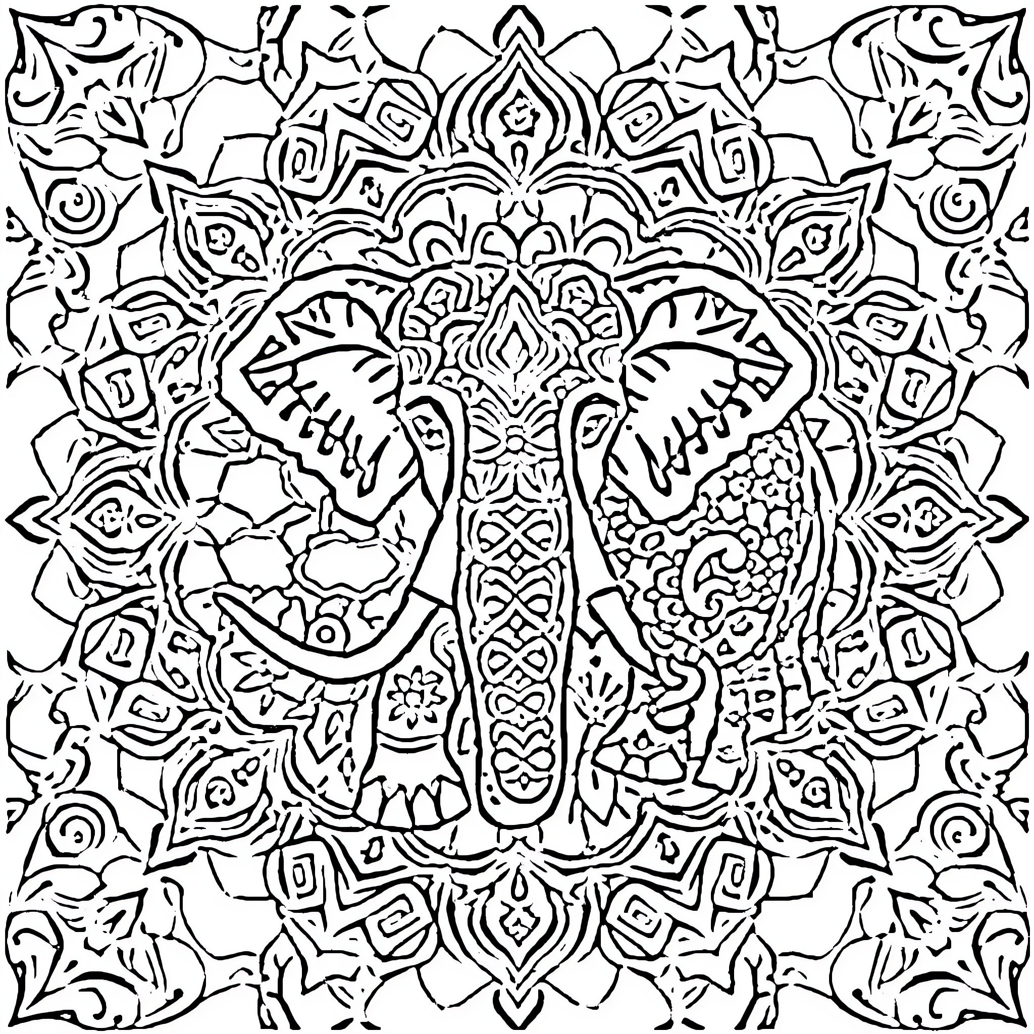 Elephant mandala with intricate patterns Coloring Page (free black-and-white line drawing printable PDF for all, from beginners to advanced learners, including children, teens, adults, and seniors)