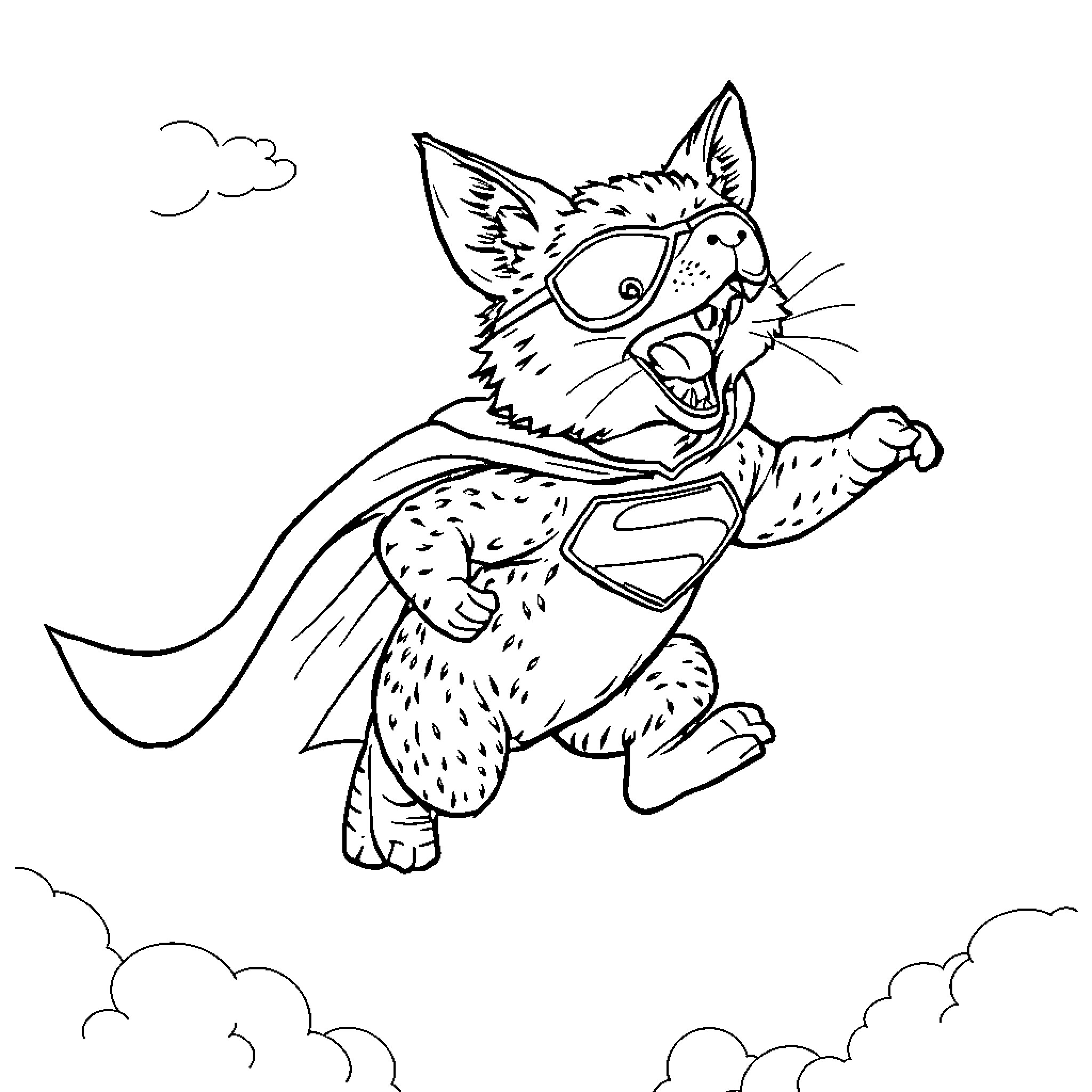 Perro superhéroe volando en el cielo Coloring Page (free black-and-white line drawing printable PDF for all, from beginners to advanced learners, including children, teens, adults, and seniors)