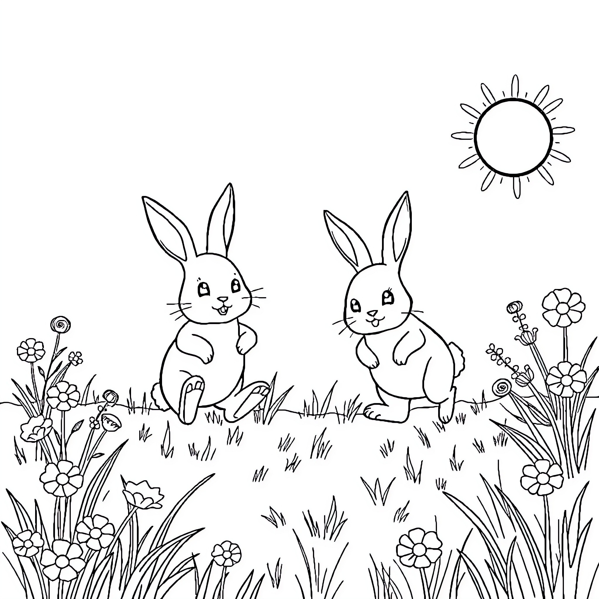 Bunnies frolicking in a floral meadow Coloring Page (free black-and-white line drawing printable PDF for all, from beginners to advanced learners, including children, teens, adults, and seniors)