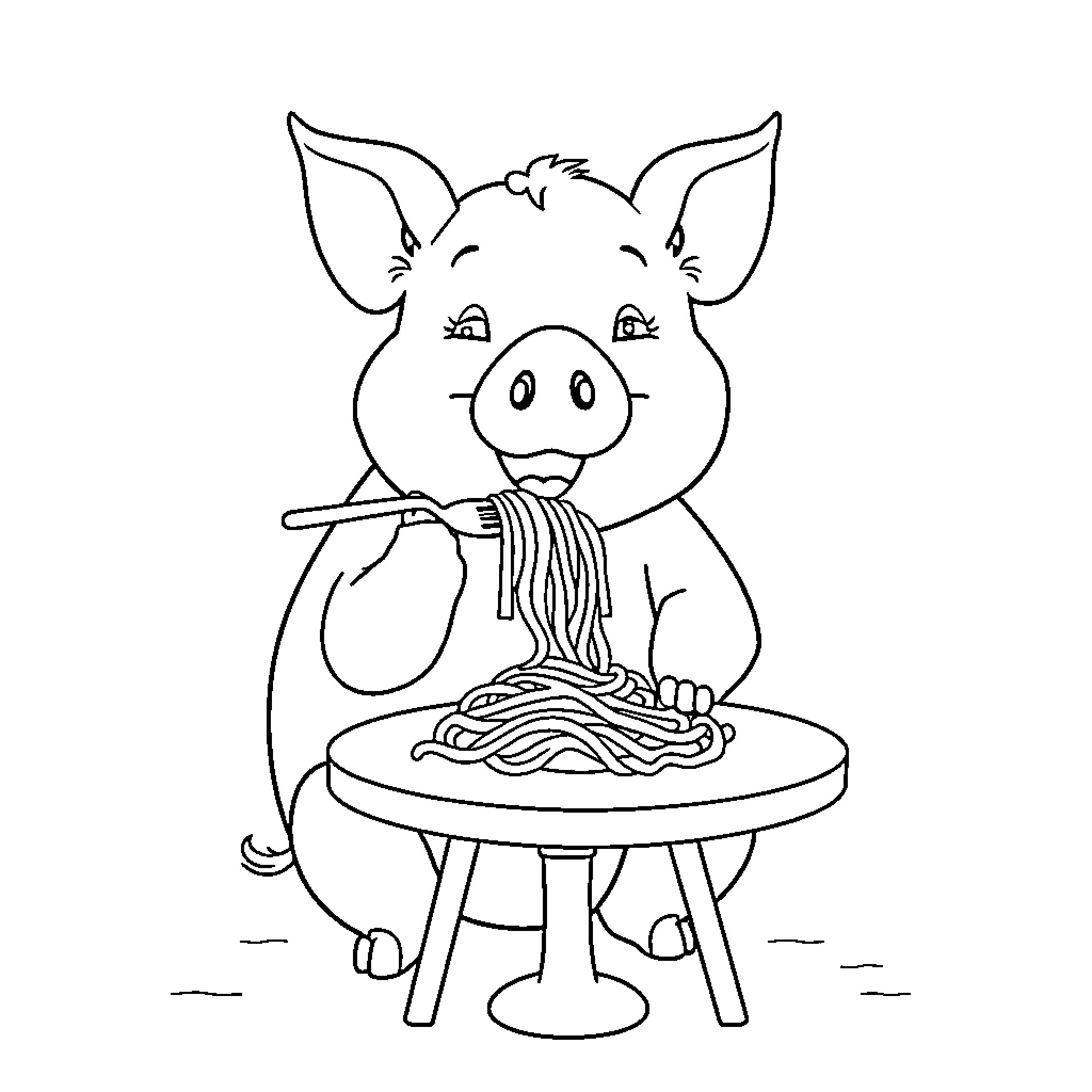 Pig enjoying a meal of pasta Coloring Page (free black-and-white line drawing printable PDF for all, from beginners to advanced learners, including children, teens, adults, and seniors)
