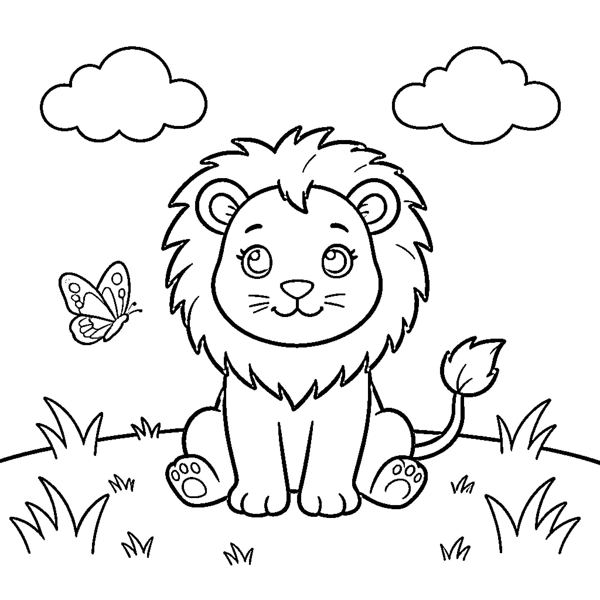 Lion cub playing with butterfly in meadow Coloring Page (free black-and-white line drawing printable PDF for all, from beginners to advanced learners, including children, teens, adults, and seniors)