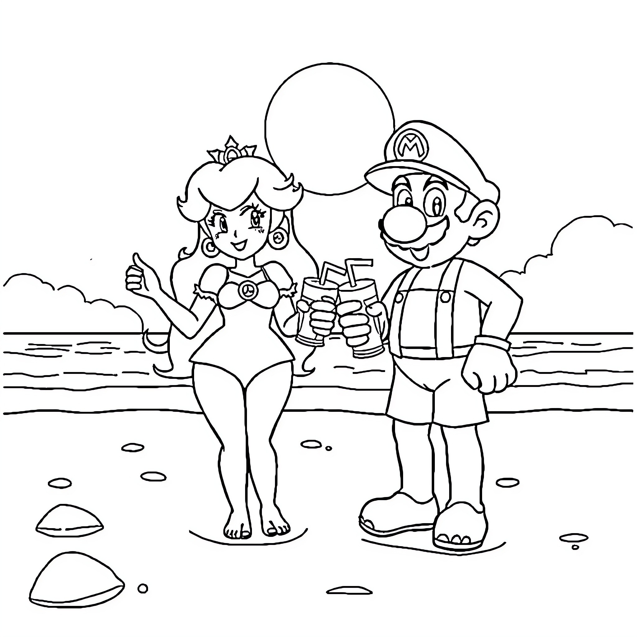 Peach and Mario enjoy a day at the beach Coloring Page (free black-and-white line drawing printable PDF for all, from beginners to advanced learners, including children, teens, adults, and seniors)