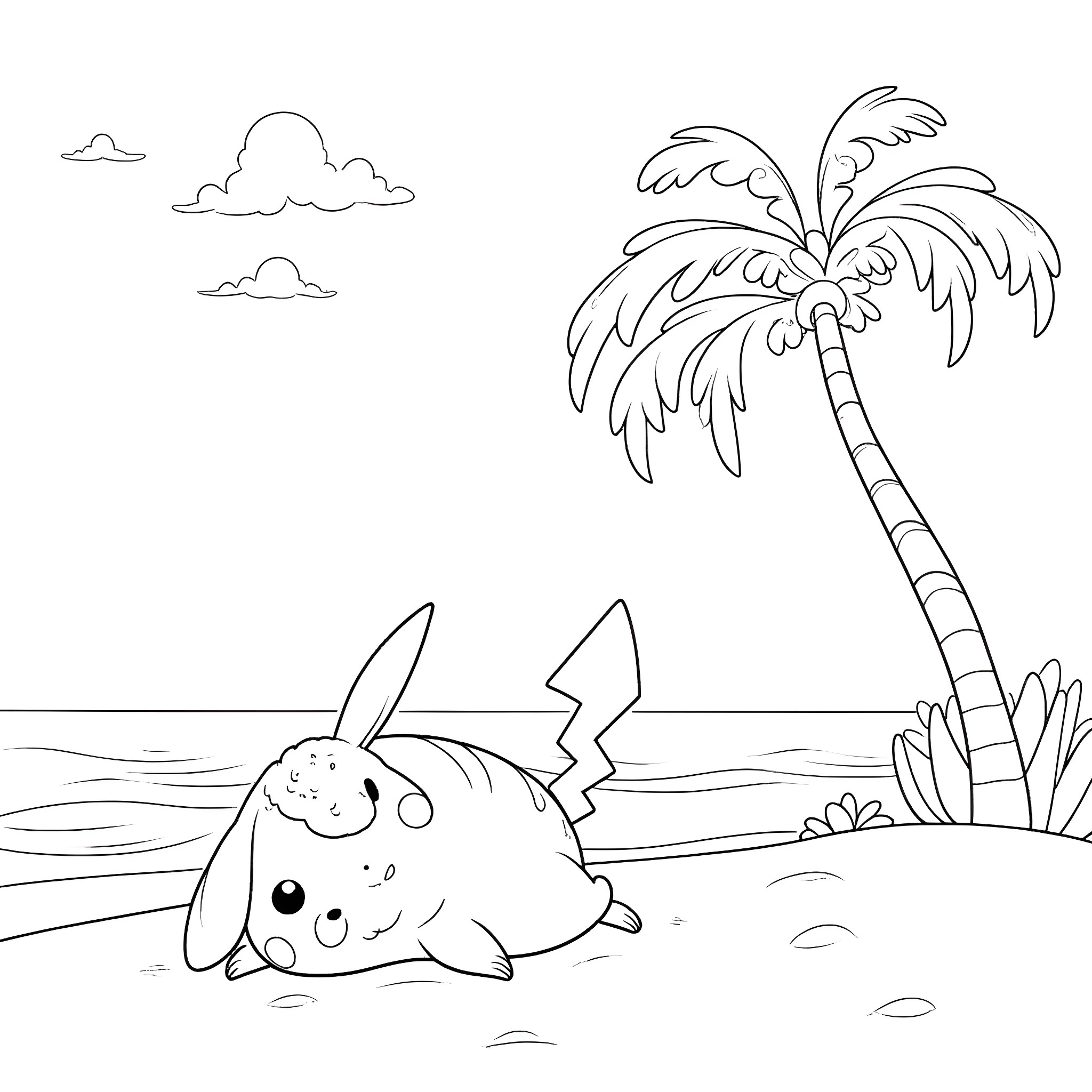 Pikachu relaxing on the beach Coloring Page (free black-and-white line drawing printable PDF for all, from beginners to advanced learners, including children, teens, adults, and seniors)