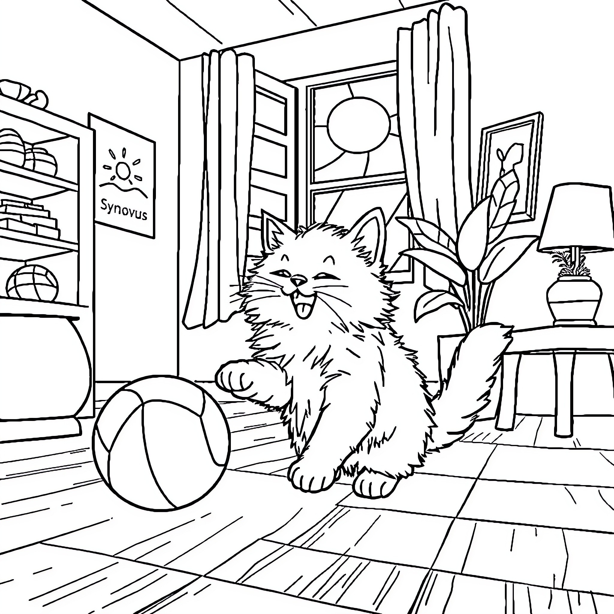 Cat exploring a cozy indoor scene Coloring Page (free black-and-white line drawing printable PDF for all, from beginners to advanced learners, including children, teens, adults, and seniors)