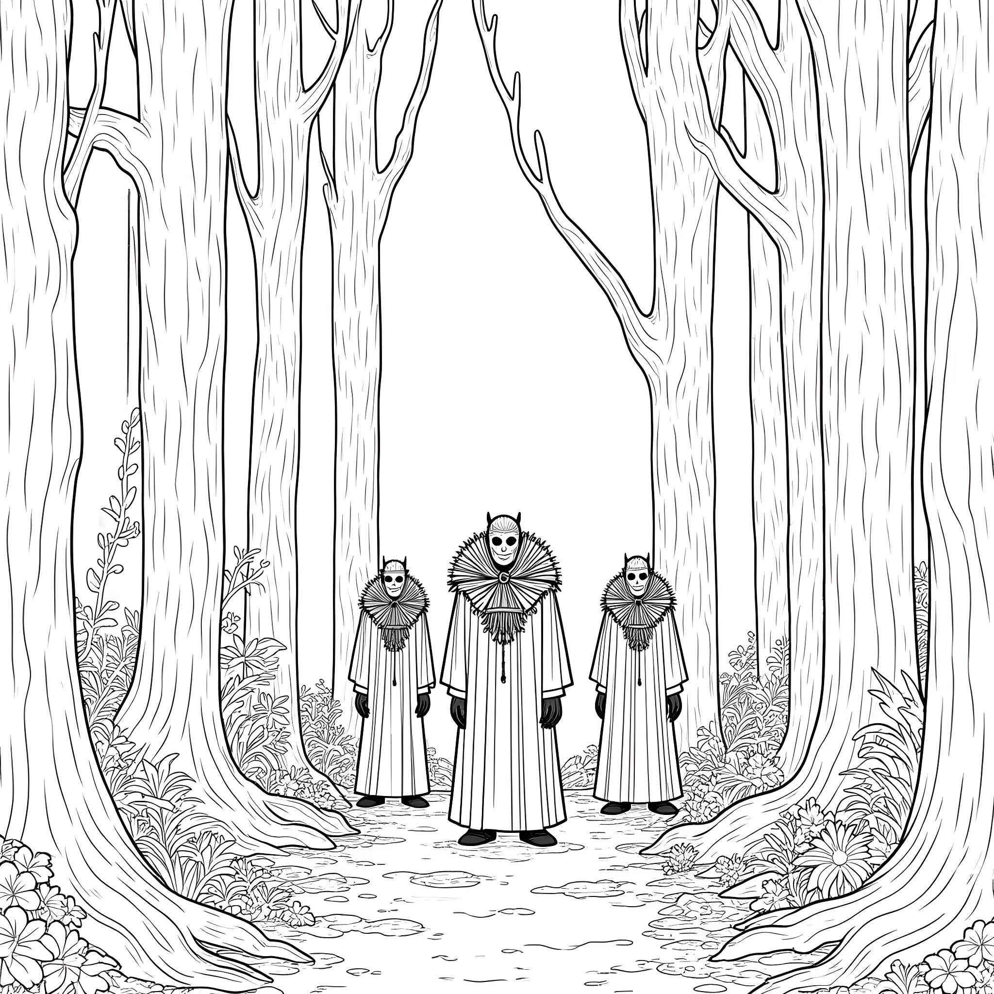 Cenobites in a Haunting Forest Realm Coloring Page (free black-and-white line drawing printable PDF for all, from beginners to advanced learners, including children, teens, adults, and seniors)