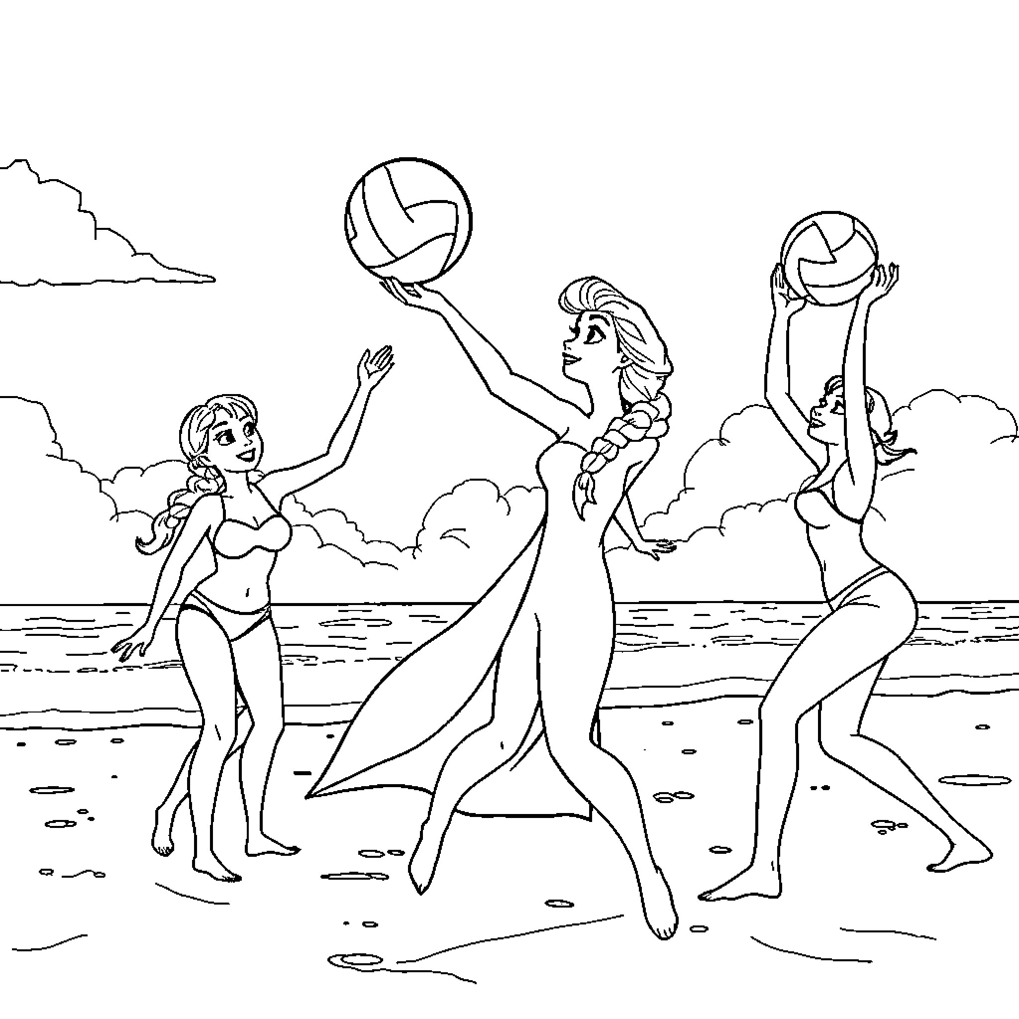 Elsa and friends playing volleyball on the beach Coloring Page (free black-and-white line drawing printable PDF for all, from beginners to advanced learners, including children, teens, adults, and seniors)