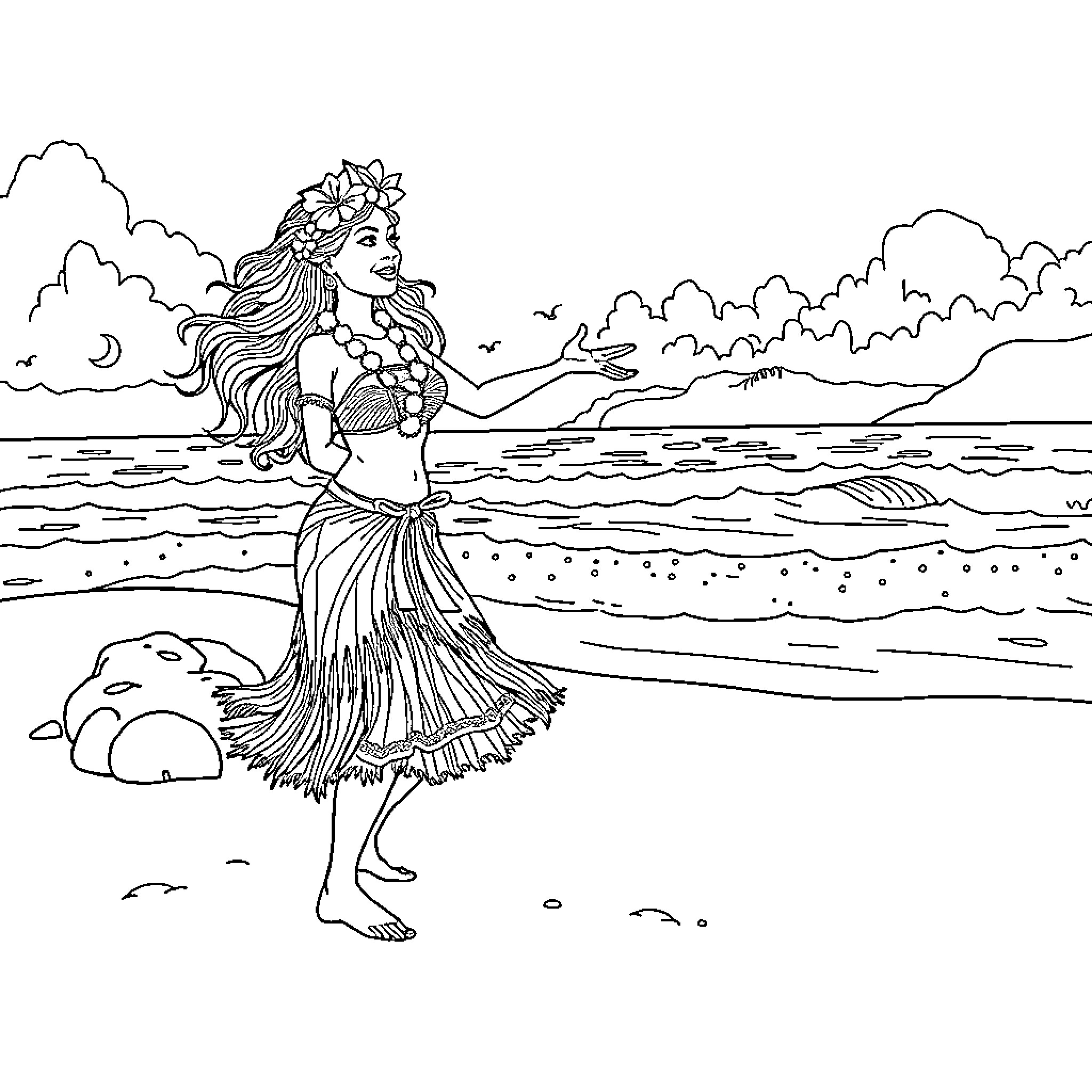 Hula Dancer Performing on the Beach Coloring Page (free black-and-white line drawing printable PDF for all, from beginners to advanced learners, including children, teens, adults, and seniors)