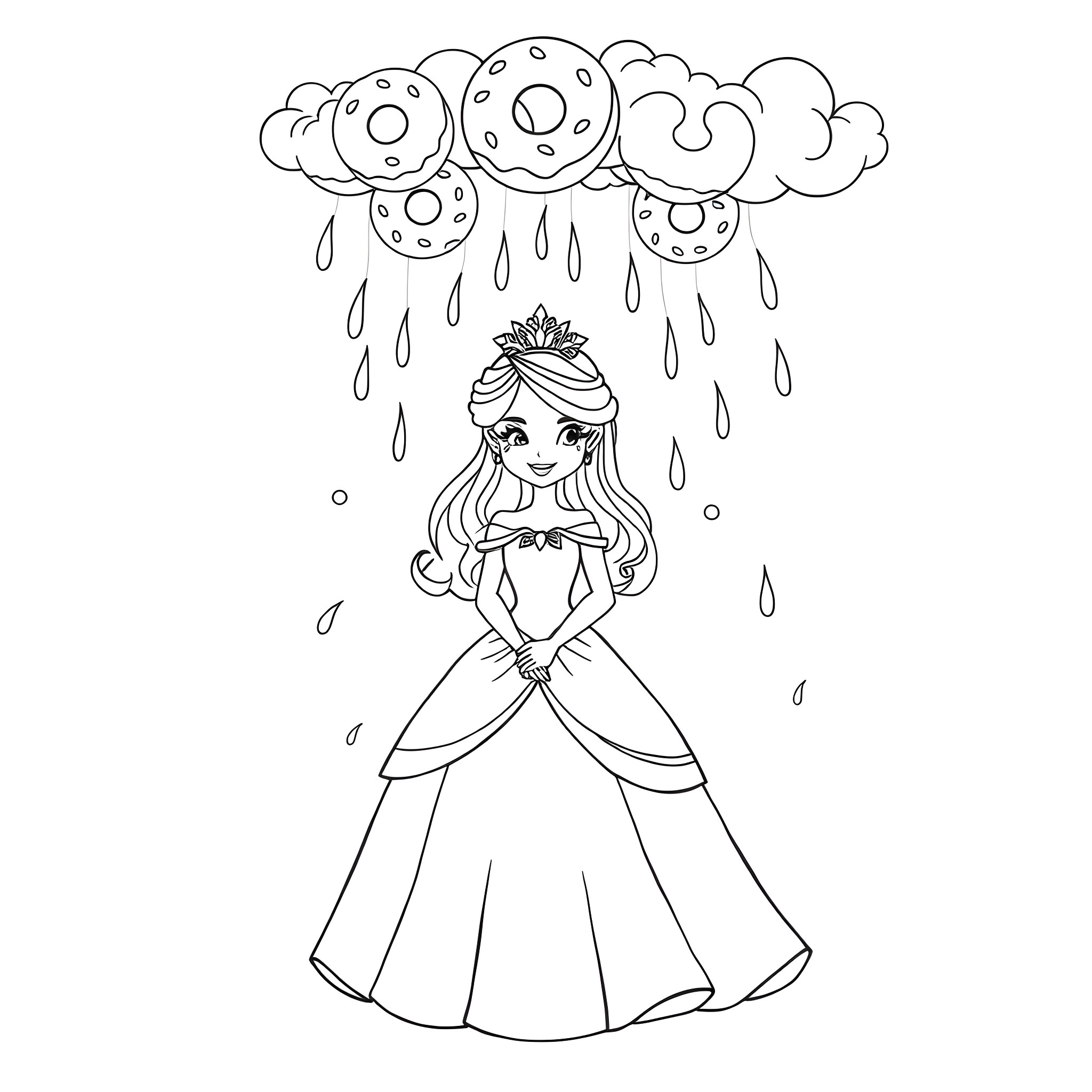 Princess in a Stormy Sky Coloring Page (free black-and-white line drawing printable PDF for all, from beginners to advanced learners, including children, teens, adults, and seniors)