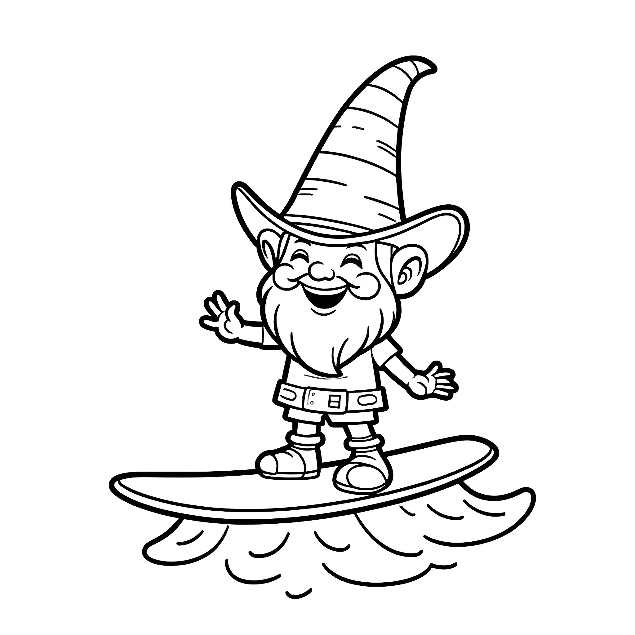 Gnome riding a magical surfboard Coloring Page (free black-and-white line drawing printable PDF for all, from beginners to advanced learners, including children, teens, adults, and seniors)