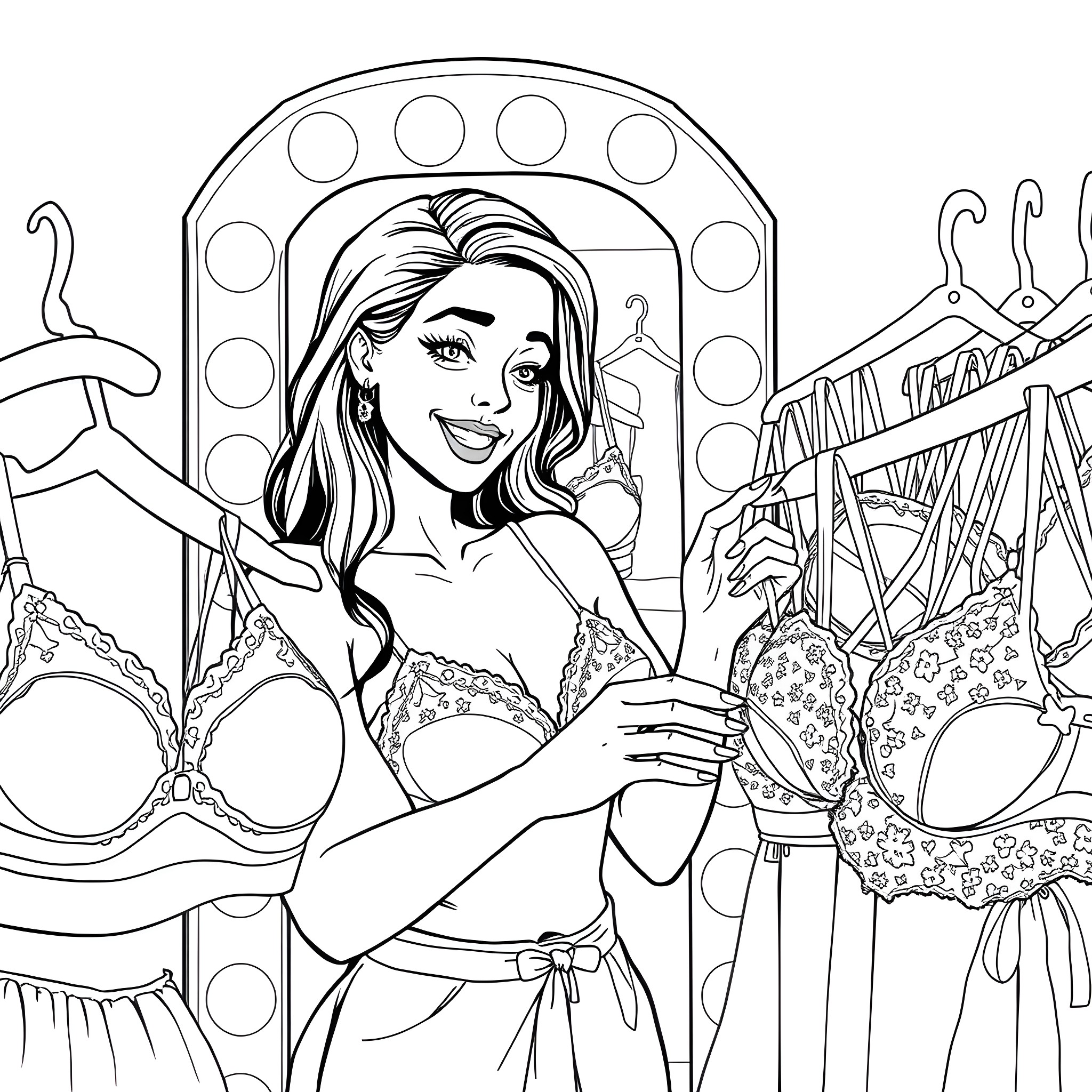 Woman exploring fashion attire in dressing room Coloring Page (free black-and-white line drawing printable PDF for all, from beginners to advanced learners, including children, teens, adults, and seniors)