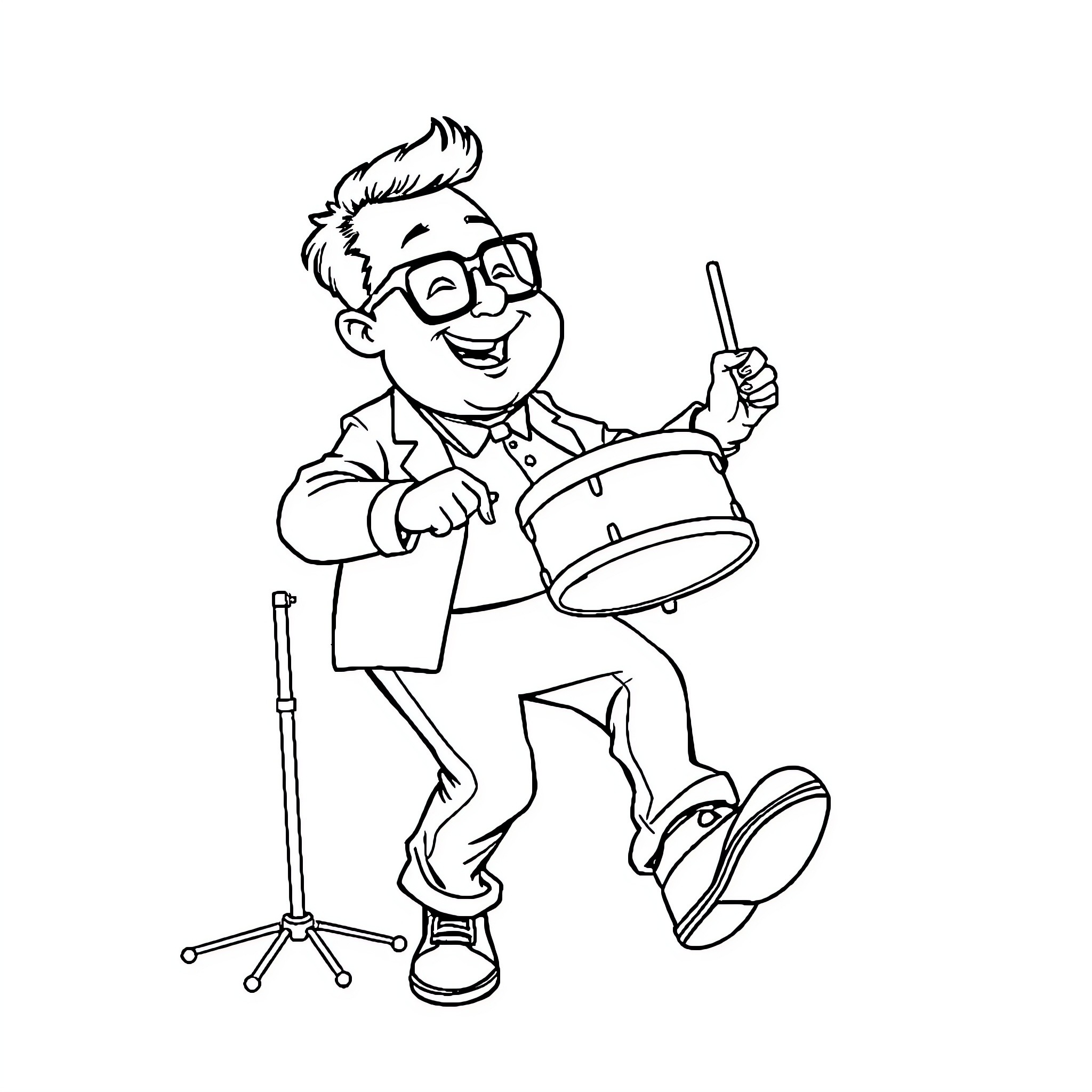 Man happily playing the drums Coloring Page (free black-and-white line drawing printable PDF for all, from beginners to advanced learners, including children, teens, adults, and seniors)