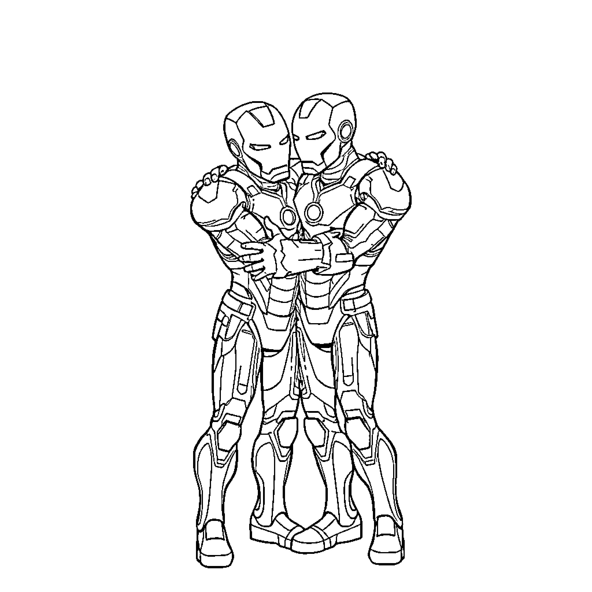 Ironman heroes in battle-ready poses Coloring Page (free black-and-white line drawing printable PDF for all, from beginners to advanced learners, including children, teens, adults, and seniors)