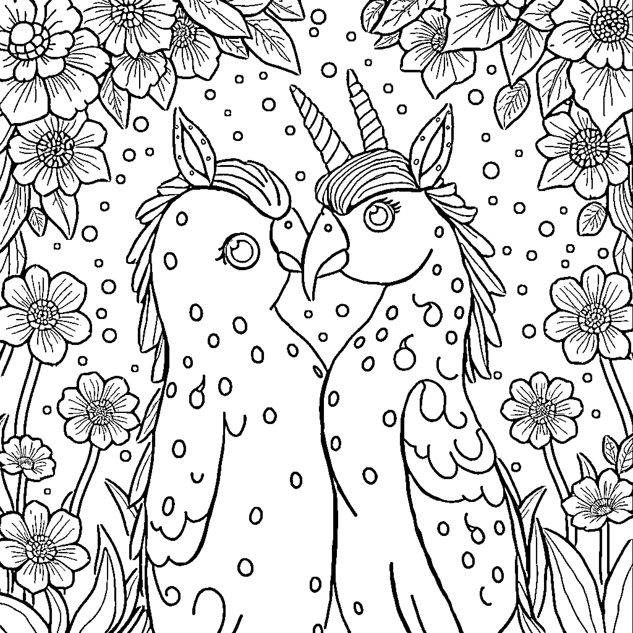Agapornis birds in a floral garden Coloring Page (free black-and-white line drawing printable PDF for all, from beginners to advanced learners, including children, teens, adults, and seniors)
