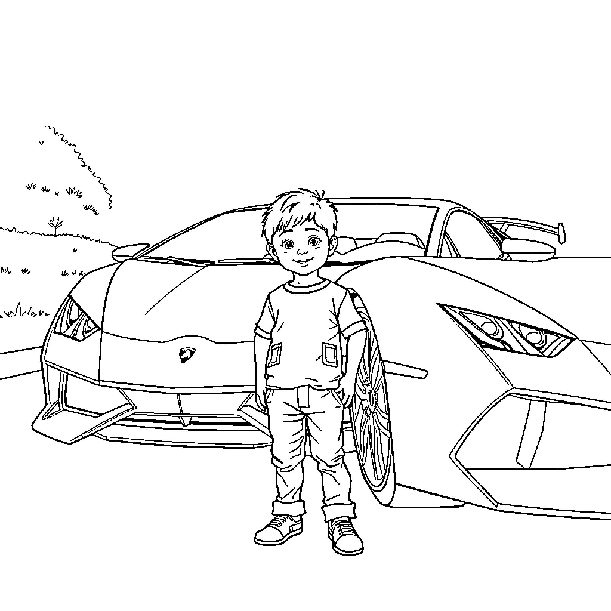 Boy admiring a sports car in the countryside Coloring Page (free black-and-white line drawing printable PDF for all, from beginners to advanced learners, including children, teens, adults, and seniors)