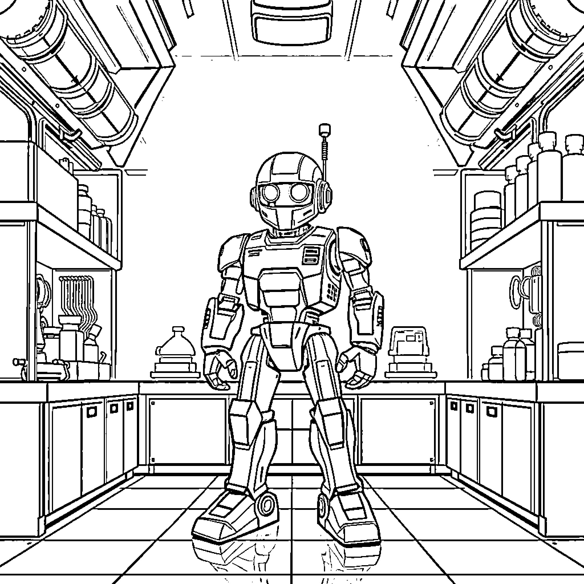 TX2 Robot Standing in Futuristic Laboratory Coloring Page (free black-and-white line drawing printable PDF for all, from beginners to advanced learners, including children, teens, adults, and seniors)