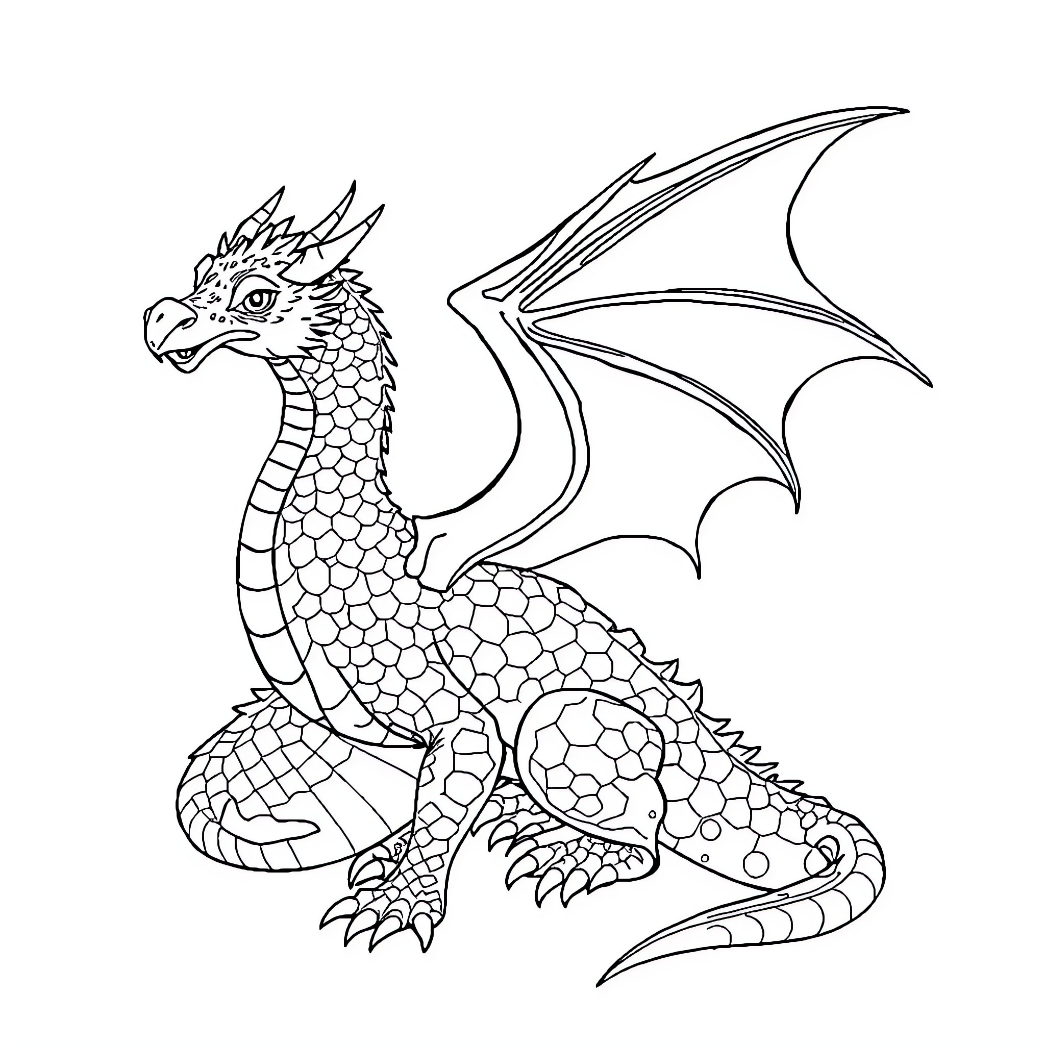 Dragon in a Majestic Pose Coloring Page (free black-and-white line drawing printable PDF for all, from beginners to advanced learners, including children, teens, adults, and seniors)