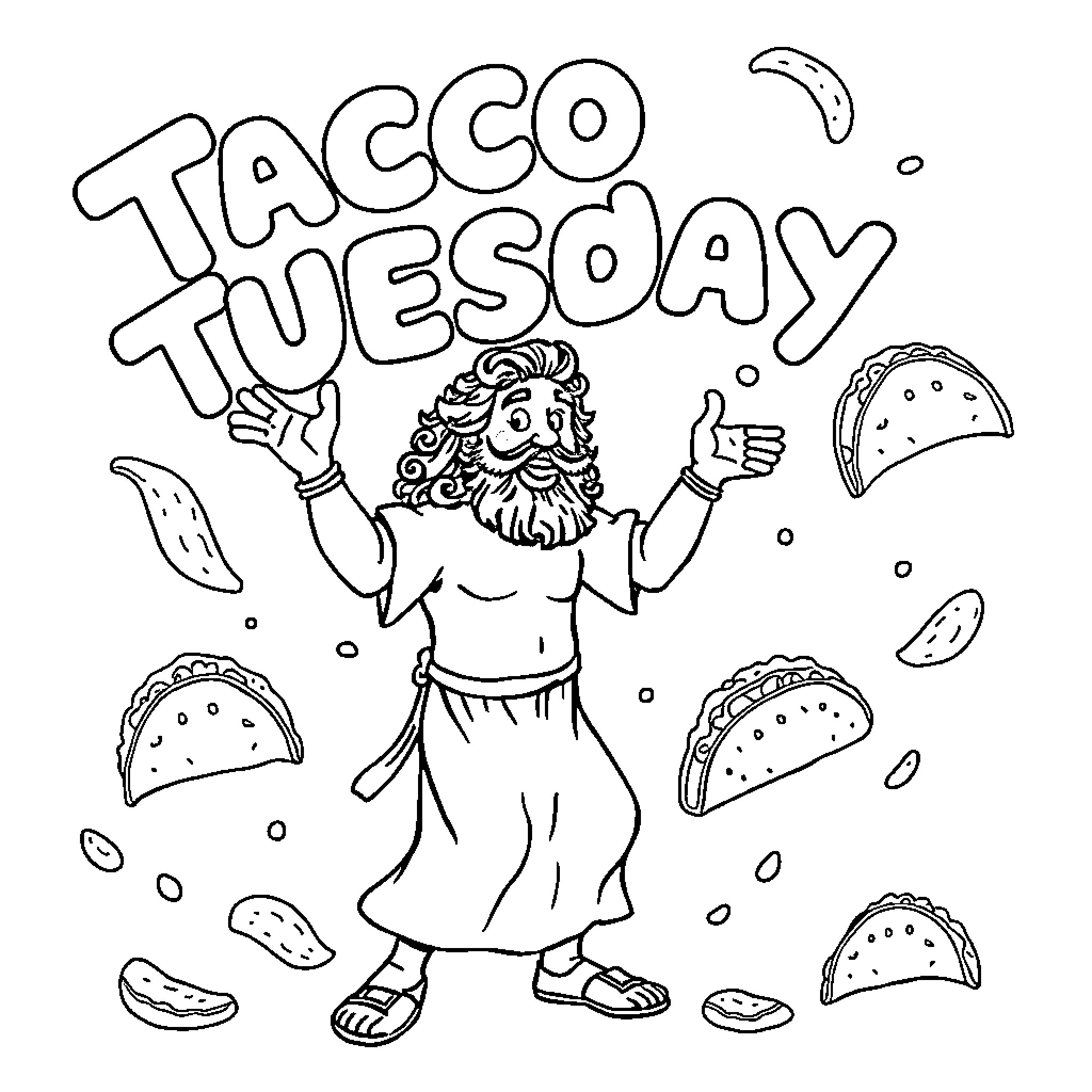 Euripides celebrates Taco Tuesday Coloring Page (free black-and-white line drawing printable PDF for all, from beginners to advanced learners, including children, teens, adults, and seniors)