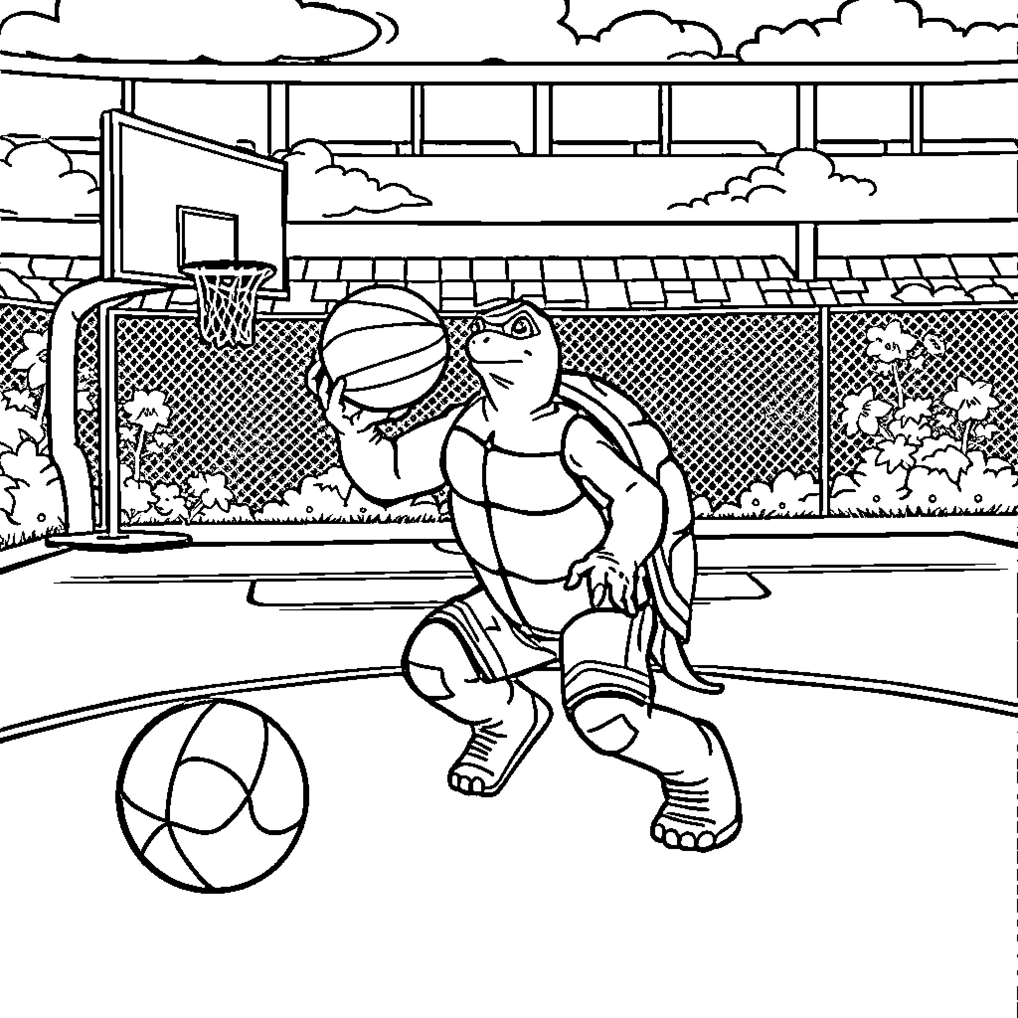 Turtle playing basketball on the court Coloring Page (free black-and-white line drawing printable PDF for all, from beginners to advanced learners, including children, teens, adults, and seniors)