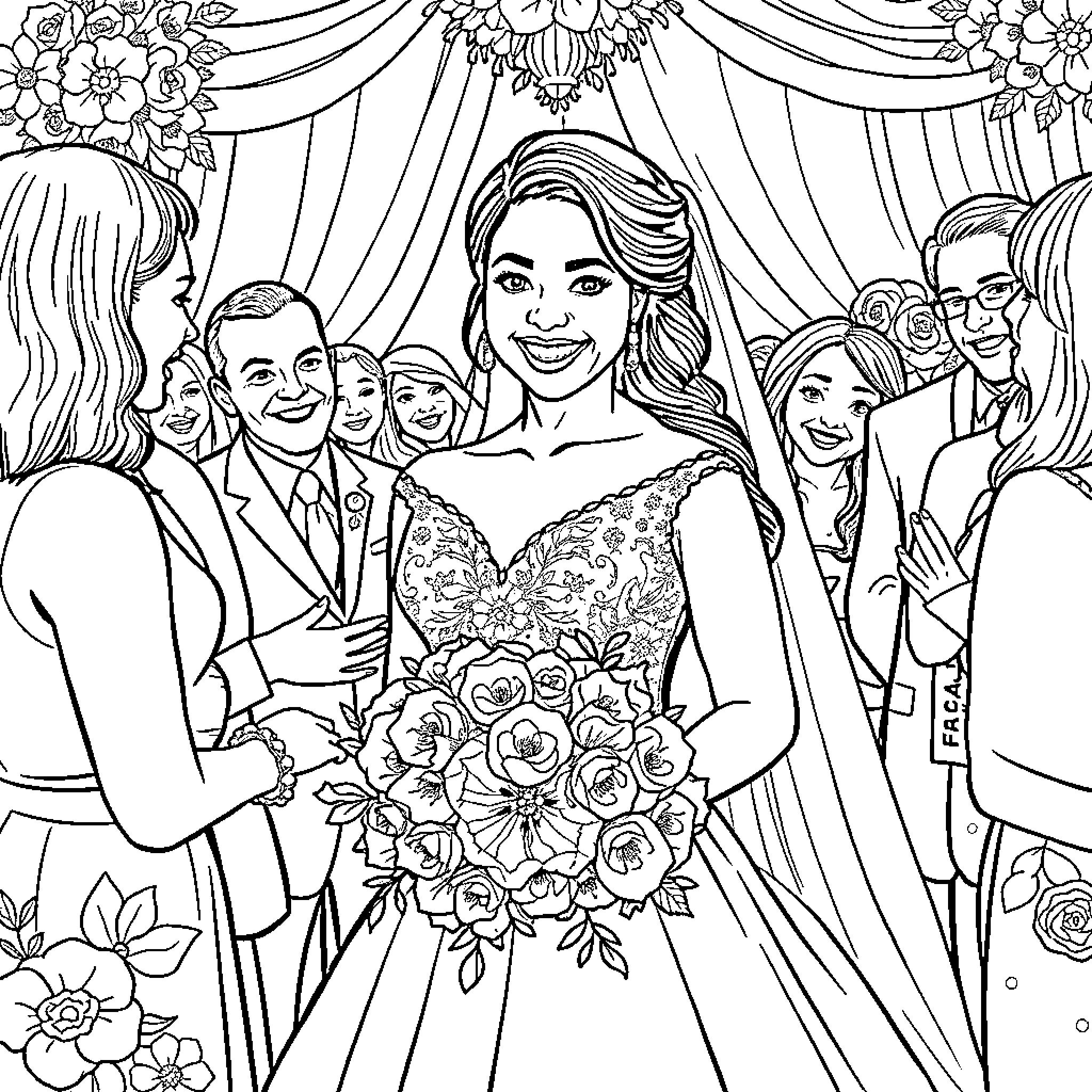 Cathedra Morgan's Joyful Wedding Celebration Coloring Page (free black-and-white line drawing printable PDF for all, from beginners to advanced learners, including children, teens, adults, and seniors)