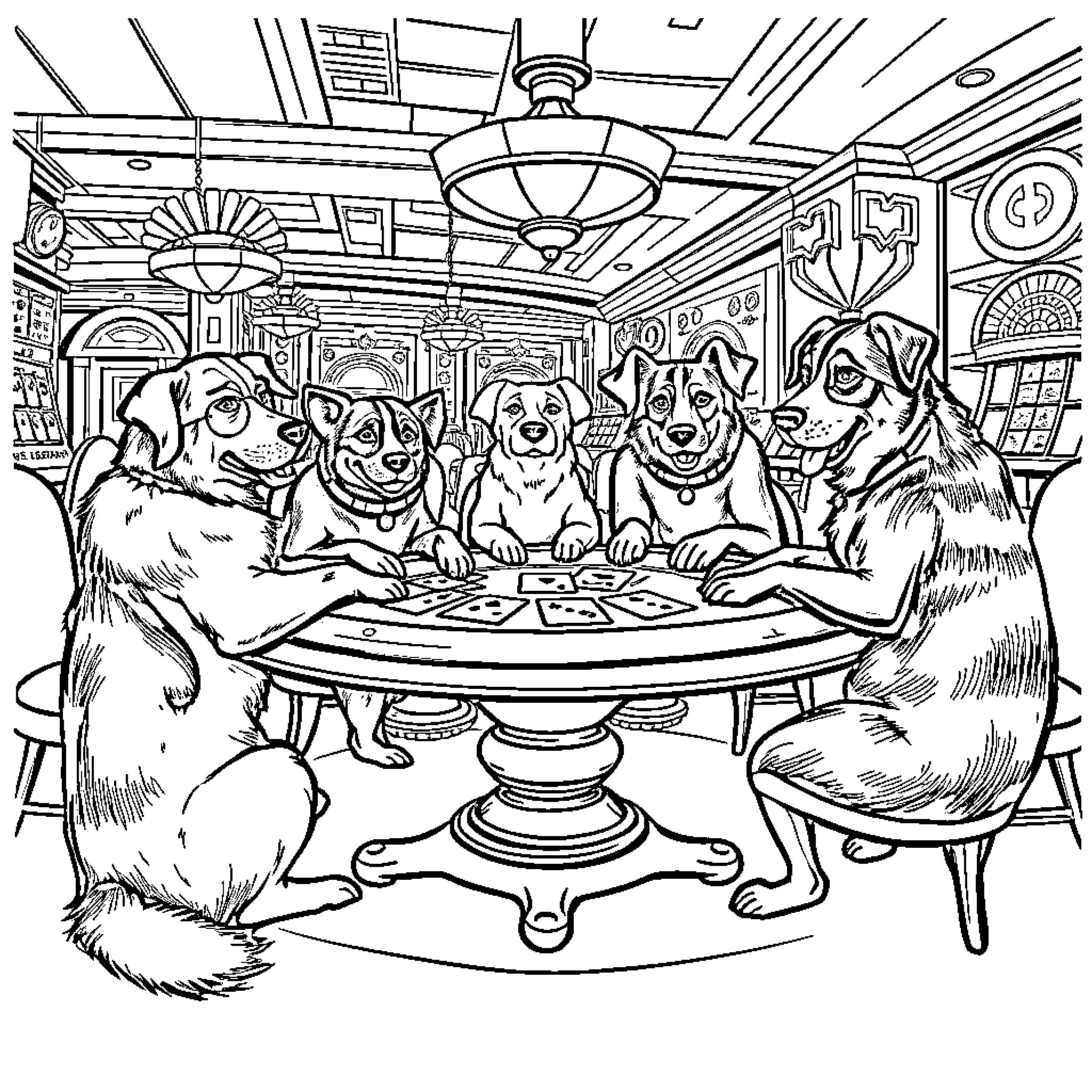 Dog friends playing poker in a cozy bar Coloring Page (free black-and-white line drawing printable PDF for all, from beginners to advanced learners, including children, teens, adults, and seniors)
