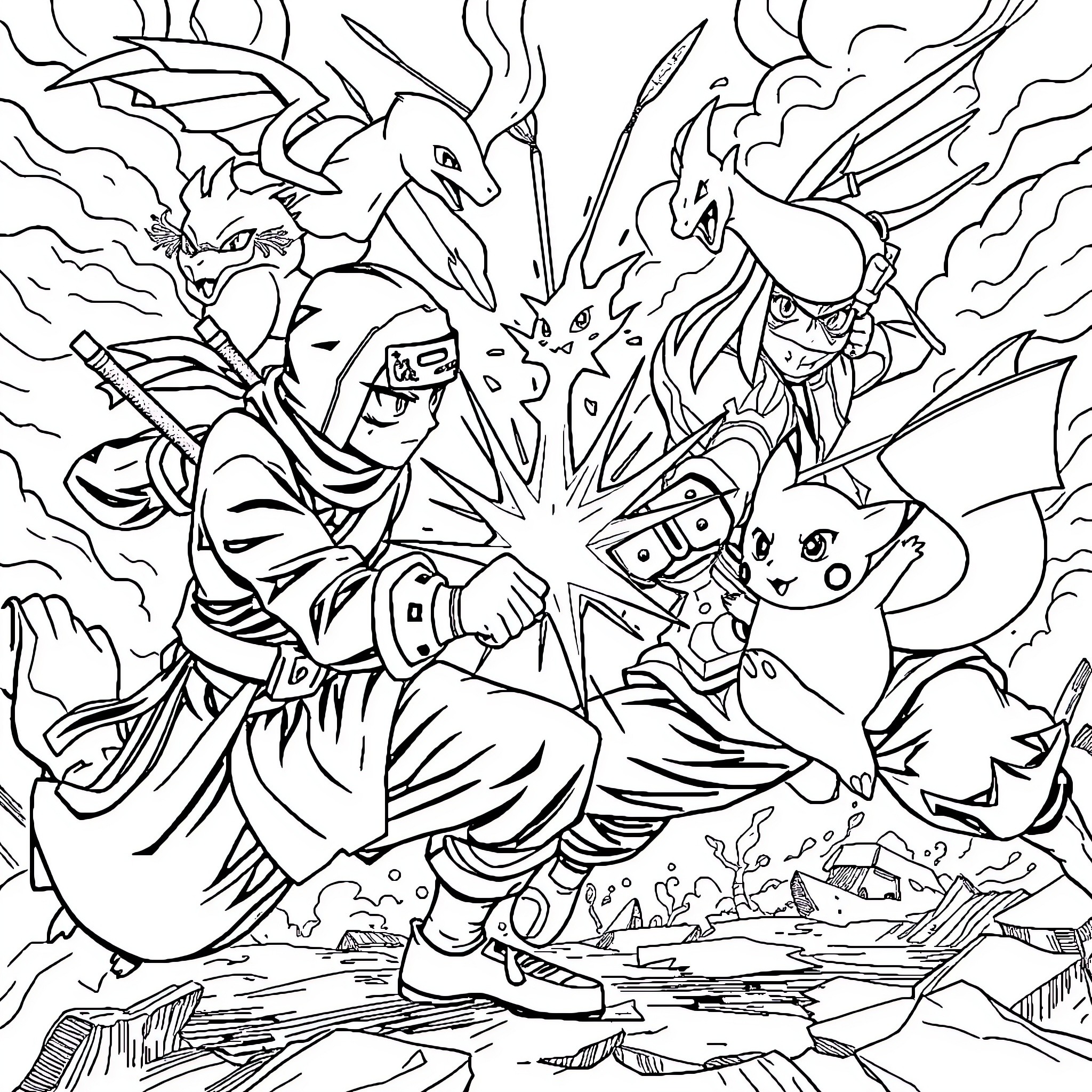 Pokémon Trainer Battling Fierce Opponents Coloring Page (free black-and-white line drawing printable PDF for all, from beginners to advanced learners, including children, teens, adults, and seniors)