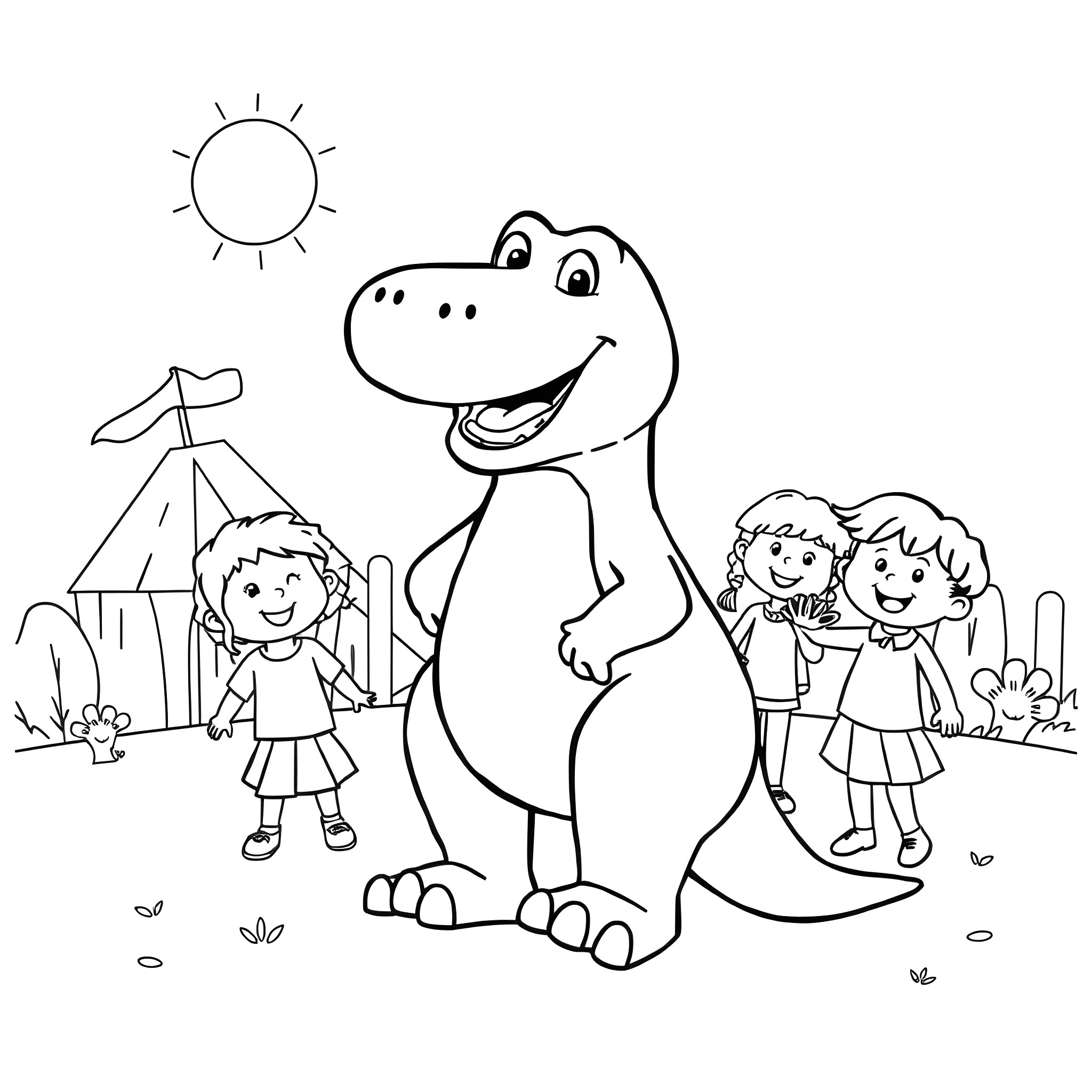 Barney and his friends explore the outdoors Coloring Page (free black-and-white line drawing printable PDF for all, from beginners to advanced learners, including children, teens, adults, and seniors)