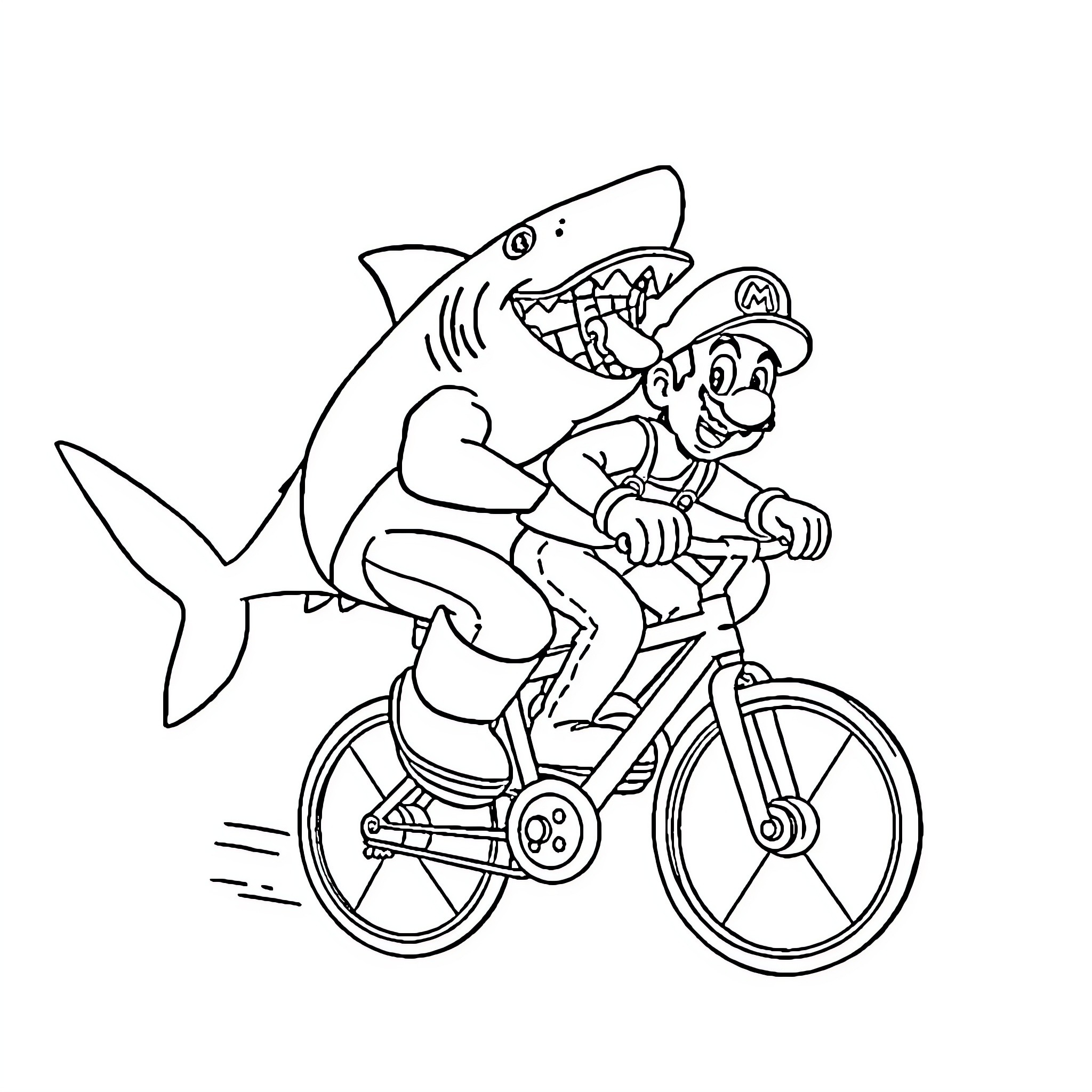 Shark riding a bicycle happily Coloring Page (free black-and-white line drawing printable PDF for all, from beginners to advanced learners, including children, teens, adults, and seniors)