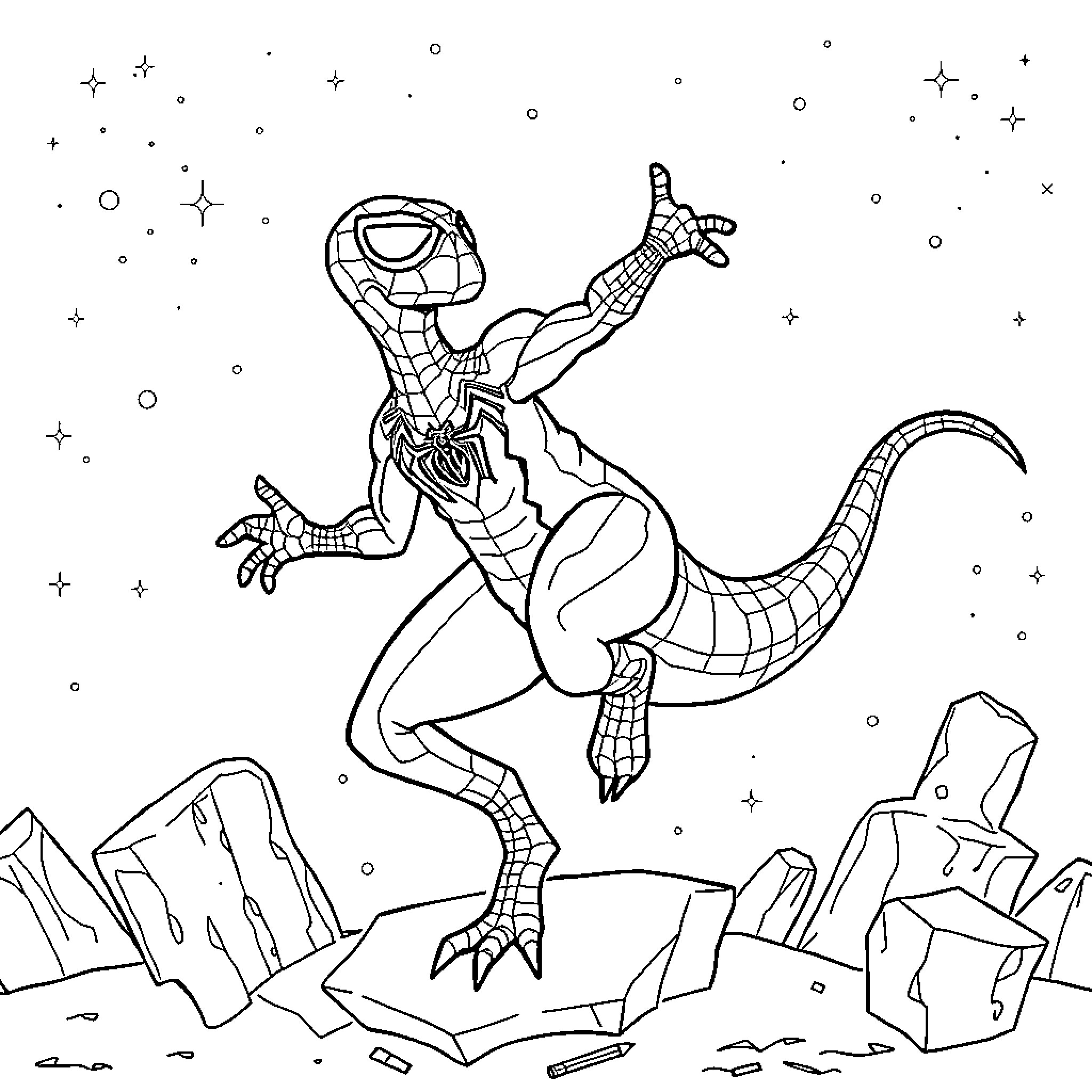 Dinosaur in Space Exploration Gear Coloring Page (free black-and-white line drawing printable PDF for all, from beginners to advanced learners, including children, teens, adults, and seniors)