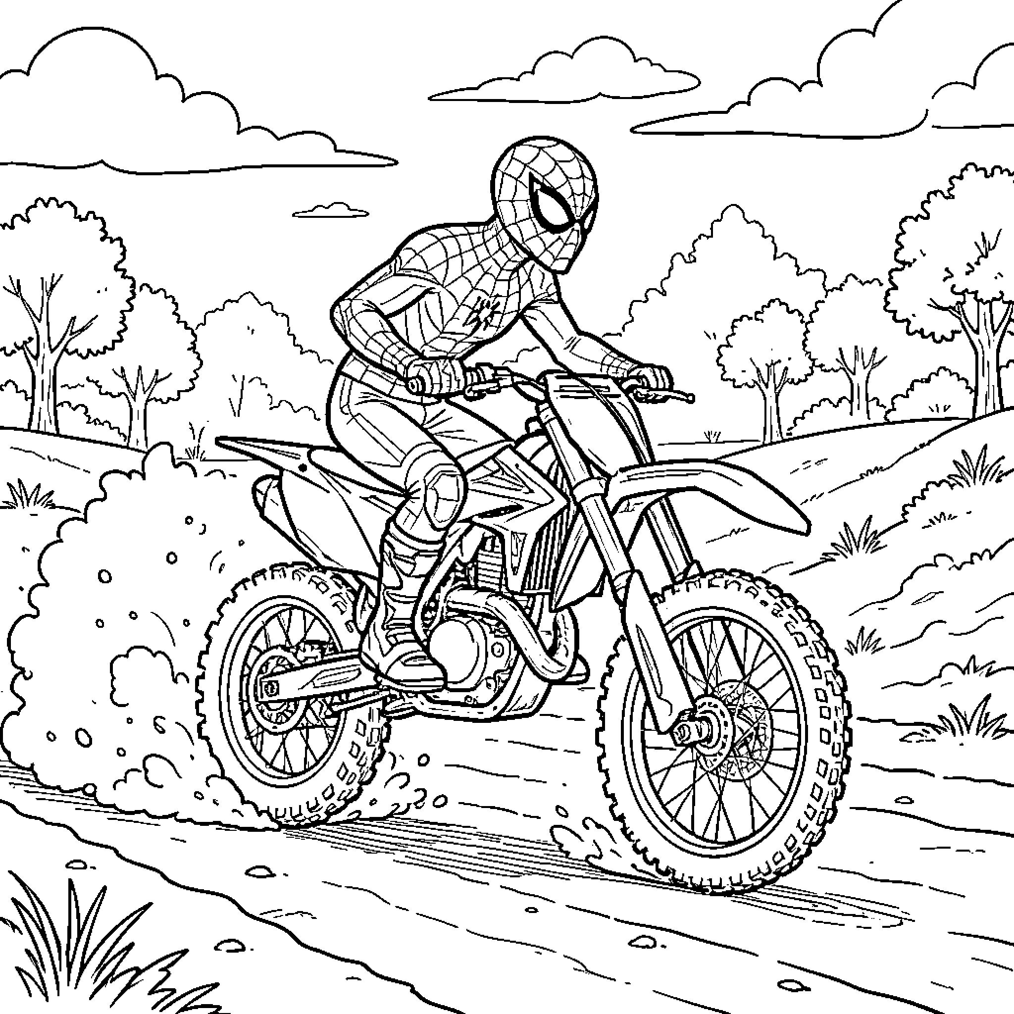 Spidey riding a dirt bike through a landscape Coloring Page (free black-and-white line drawing printable PDF for all, from beginners to advanced learners, including children, teens, adults, and seniors)