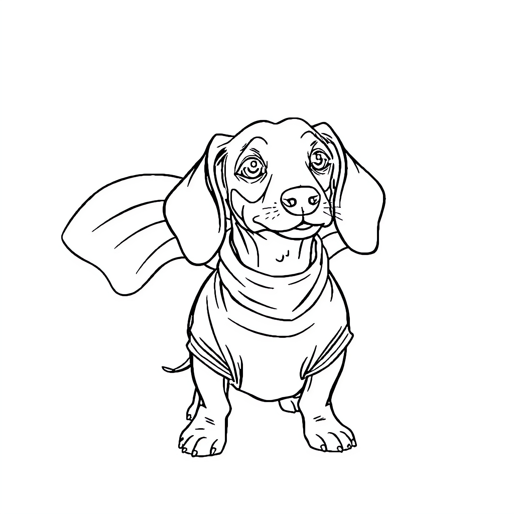 Dachshund wearing a cozy scarf Coloring Page (free black-and-white line drawing printable PDF for all, from beginners to advanced learners, including children, teens, adults, and seniors)