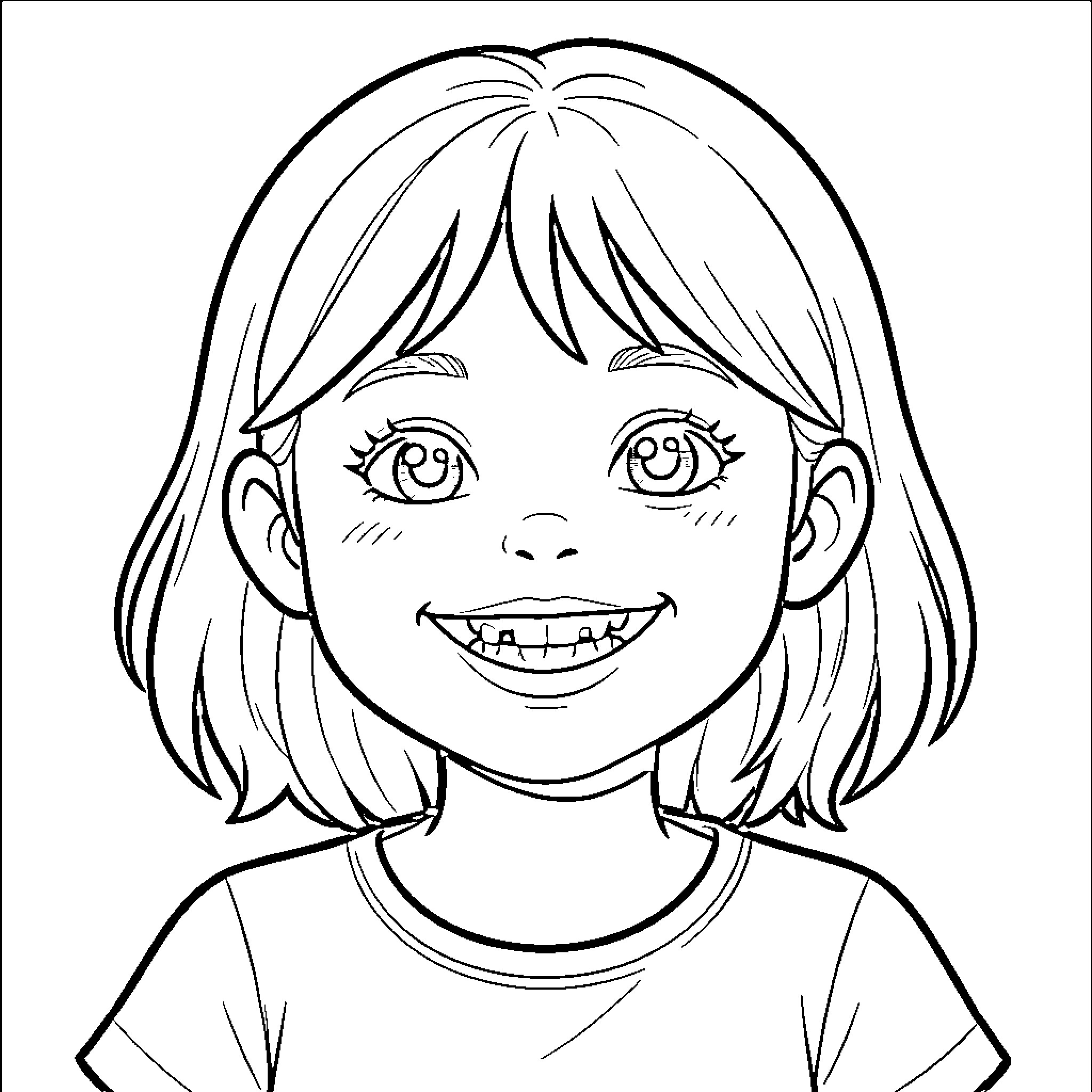 Fille smiling happily with a joyful expression Coloring Page (free black-and-white line drawing printable PDF for all, from beginners to advanced learners, including children, teens, adults, and seniors)