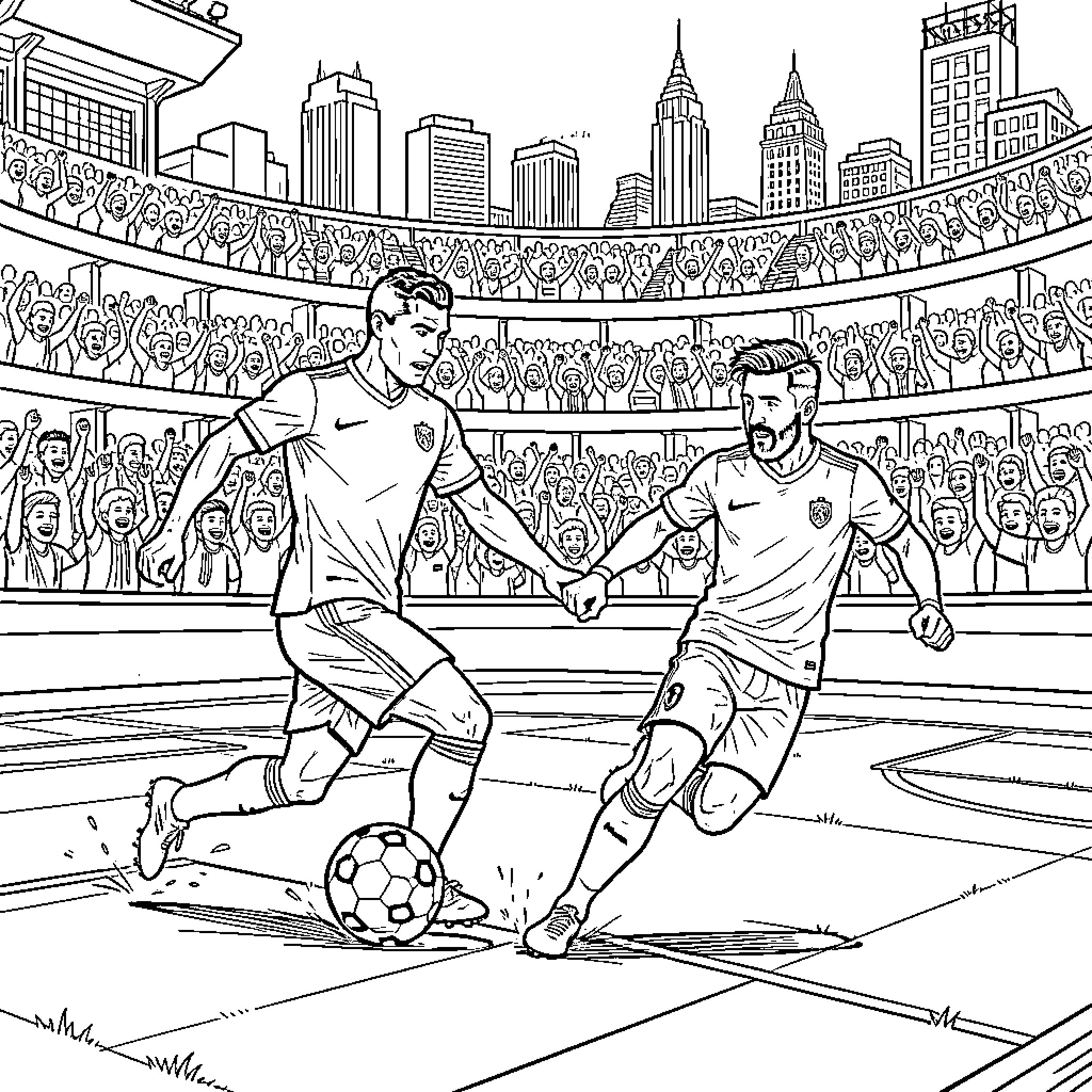 Ronaldo dribbling a soccer ball during a match Coloring Page (free black-and-white line drawing printable PDF for all, from beginners to advanced learners, including children, teens, adults, and seniors)