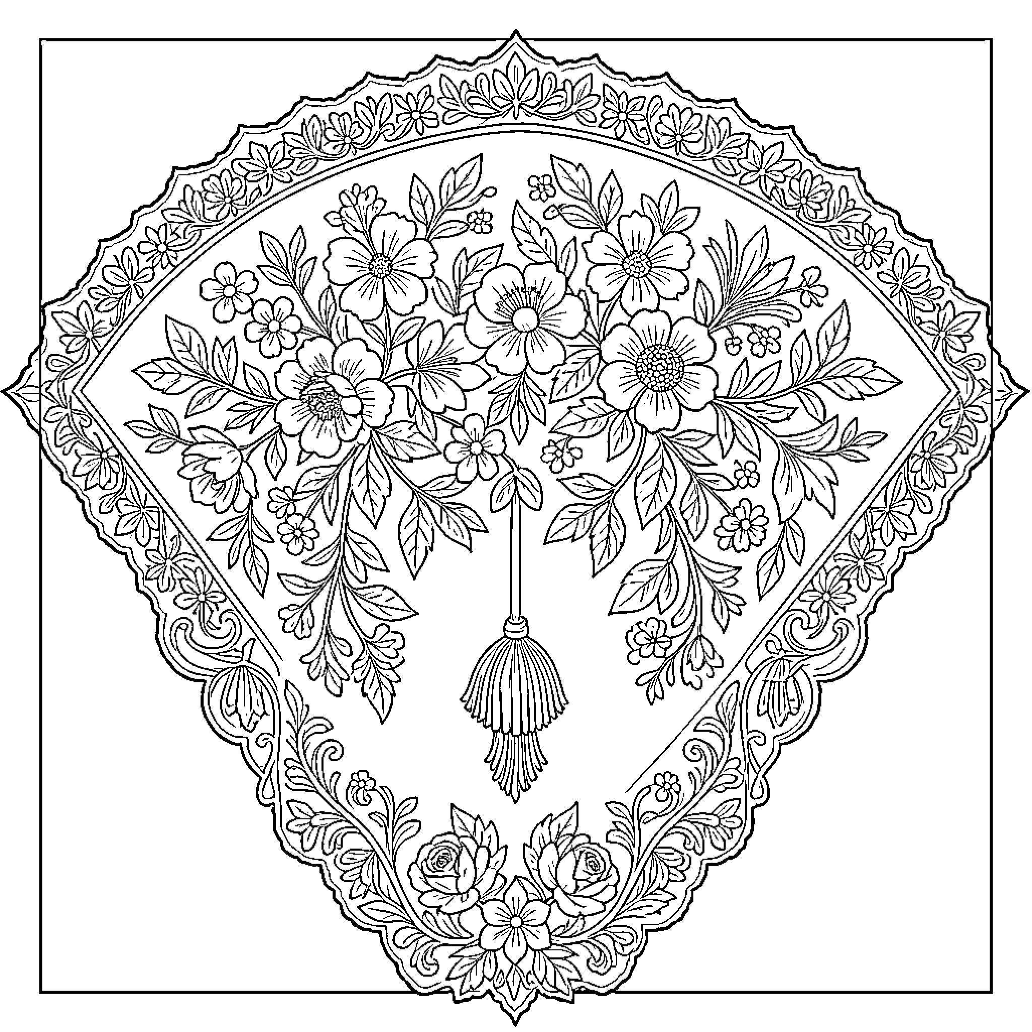 Abanico of Floral Elegance Coloring Page (free black-and-white line drawing printable PDF for all, from beginners to advanced learners, including children, teens, adults, and seniors)