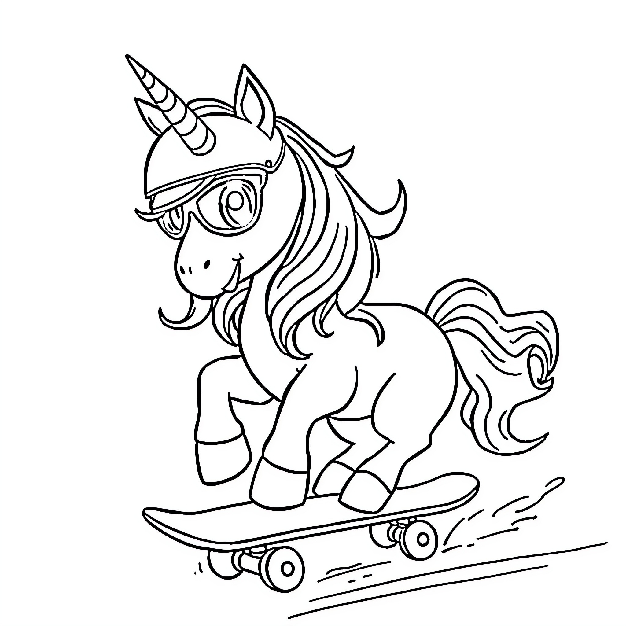 Unicorn riding a skateboard with enthusiasm Coloring Page (free black-and-white line drawing printable PDF for all, from beginners to advanced learners, including children, teens, adults, and seniors)