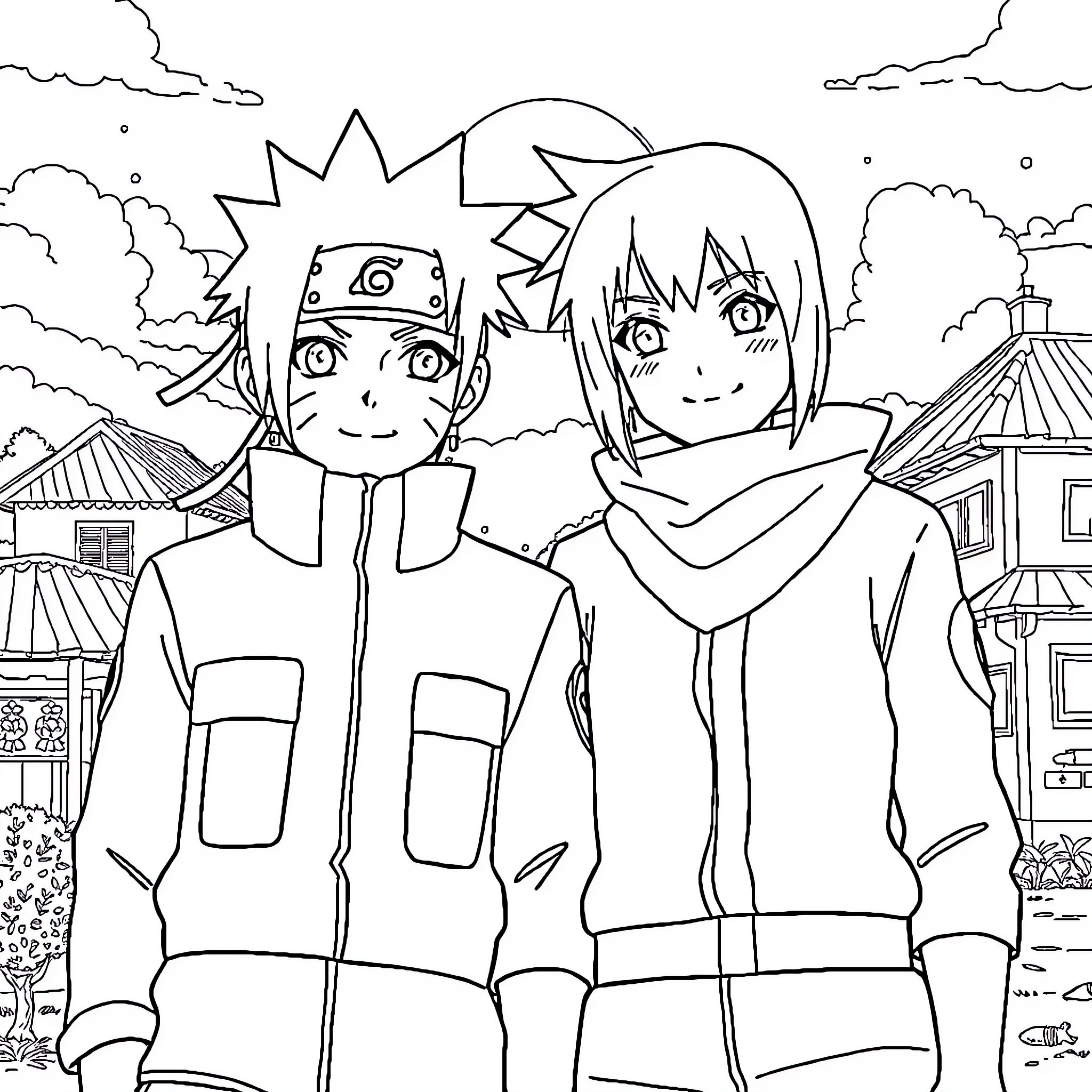 Naruto and Sakura in a Ninja Village Setting Coloring Page (free black-and-white line drawing printable PDF for all, from beginners to advanced learners, including children, teens, adults, and seniors)