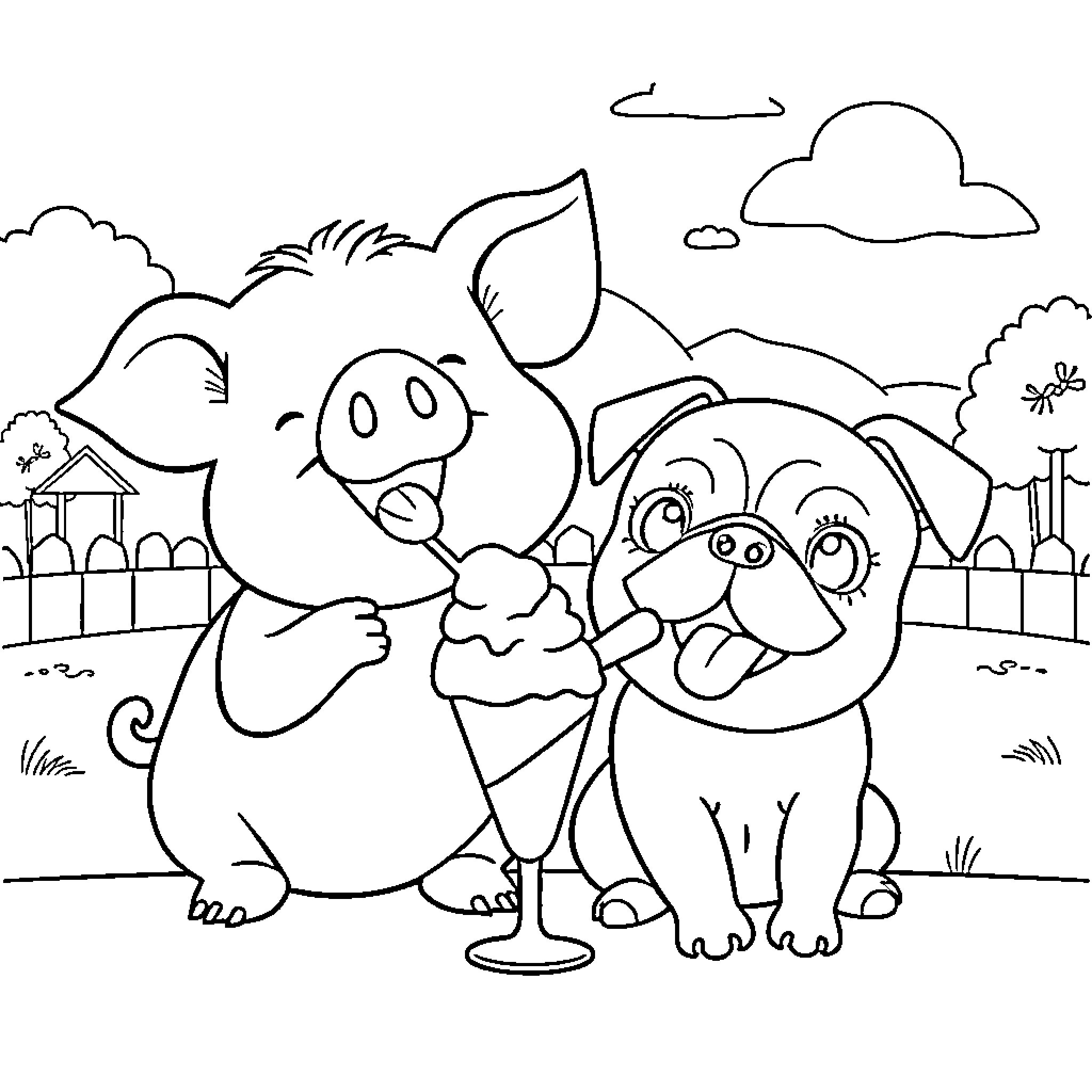 Pigs enjoying an ice cream treat Coloring Page (free black-and-white line drawing printable PDF for all, from beginners to advanced learners, including children, teens, adults, and seniors)