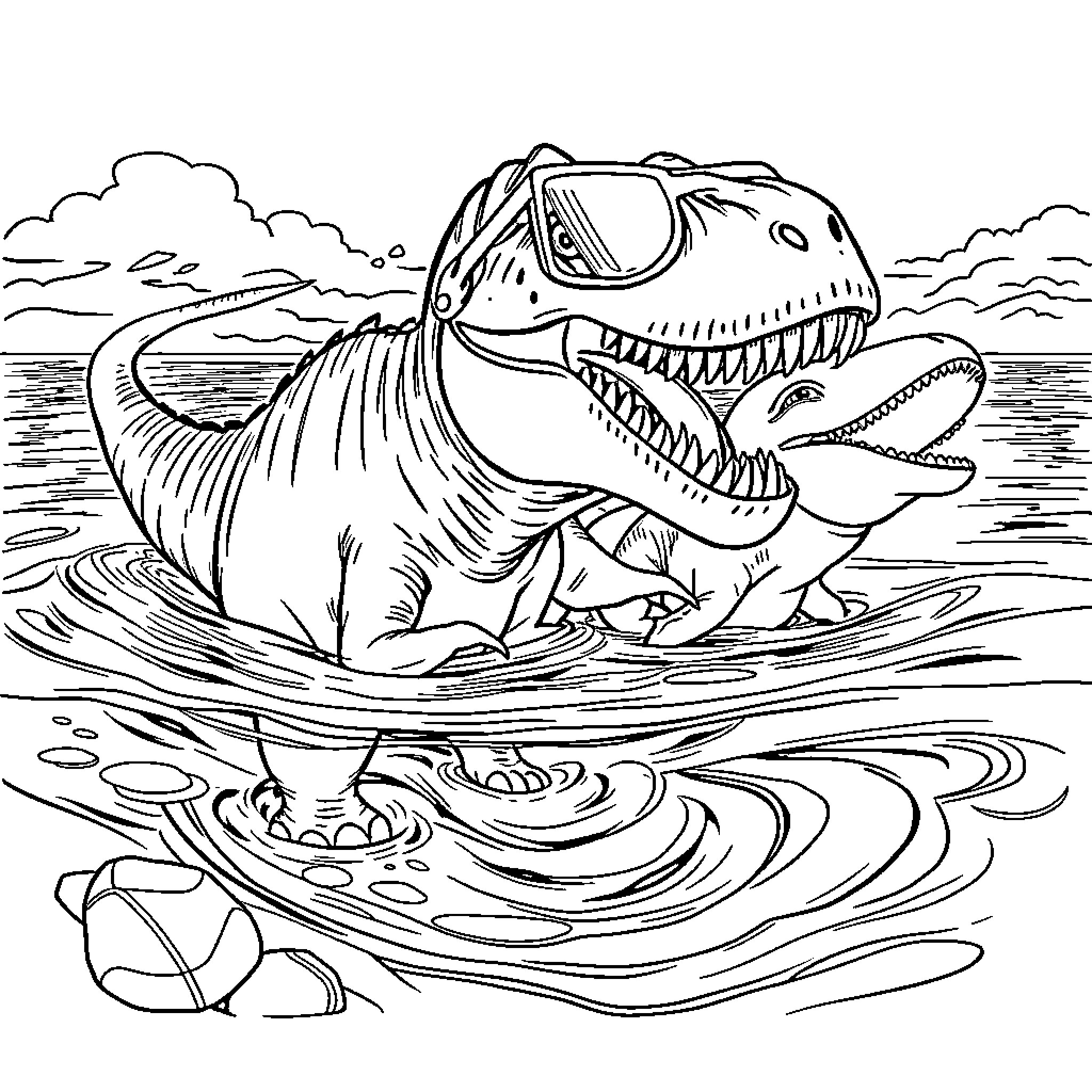 Tyrannosaurus hunting prey in the water Coloring Page (free black-and-white line drawing printable PDF for all, from beginners to advanced learners, including children, teens, adults, and seniors)
