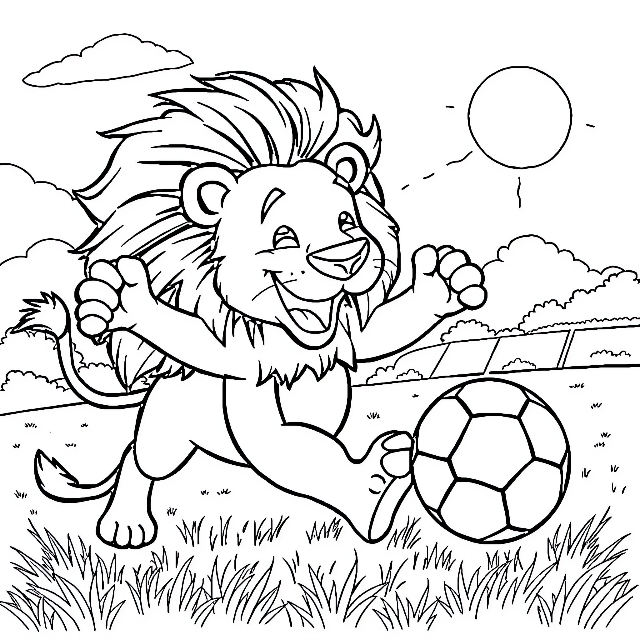 Lion playing happily with a soccer ball in the park Coloring Page (free black-and-white line drawing printable PDF for all, from beginners to advanced learners, including children, teens, adults, and seniors)