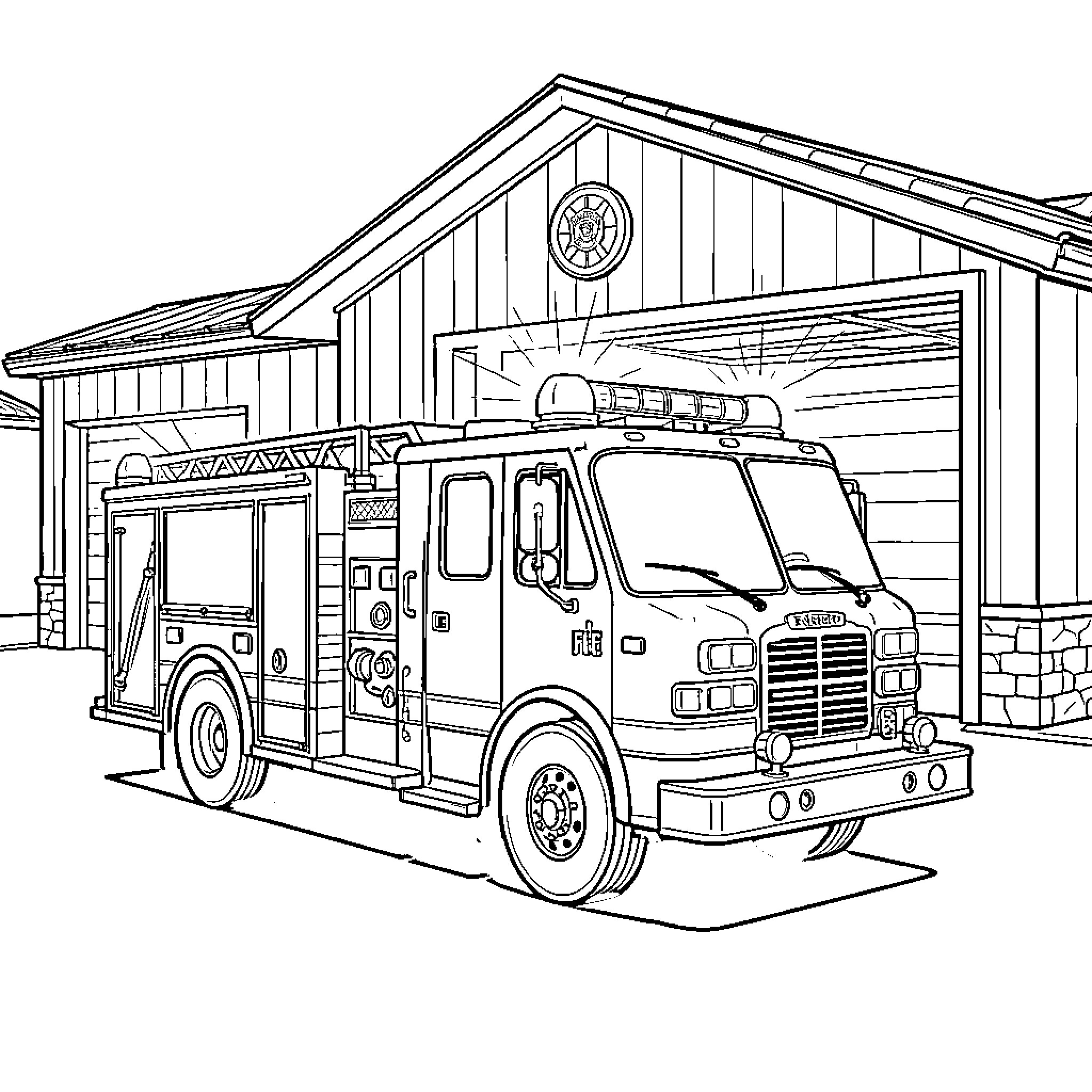 Fire Truck parked in front of a station Coloring Page (free black-and-white line drawing printable PDF for all, from beginners to advanced learners, including children, teens, adults, and seniors)