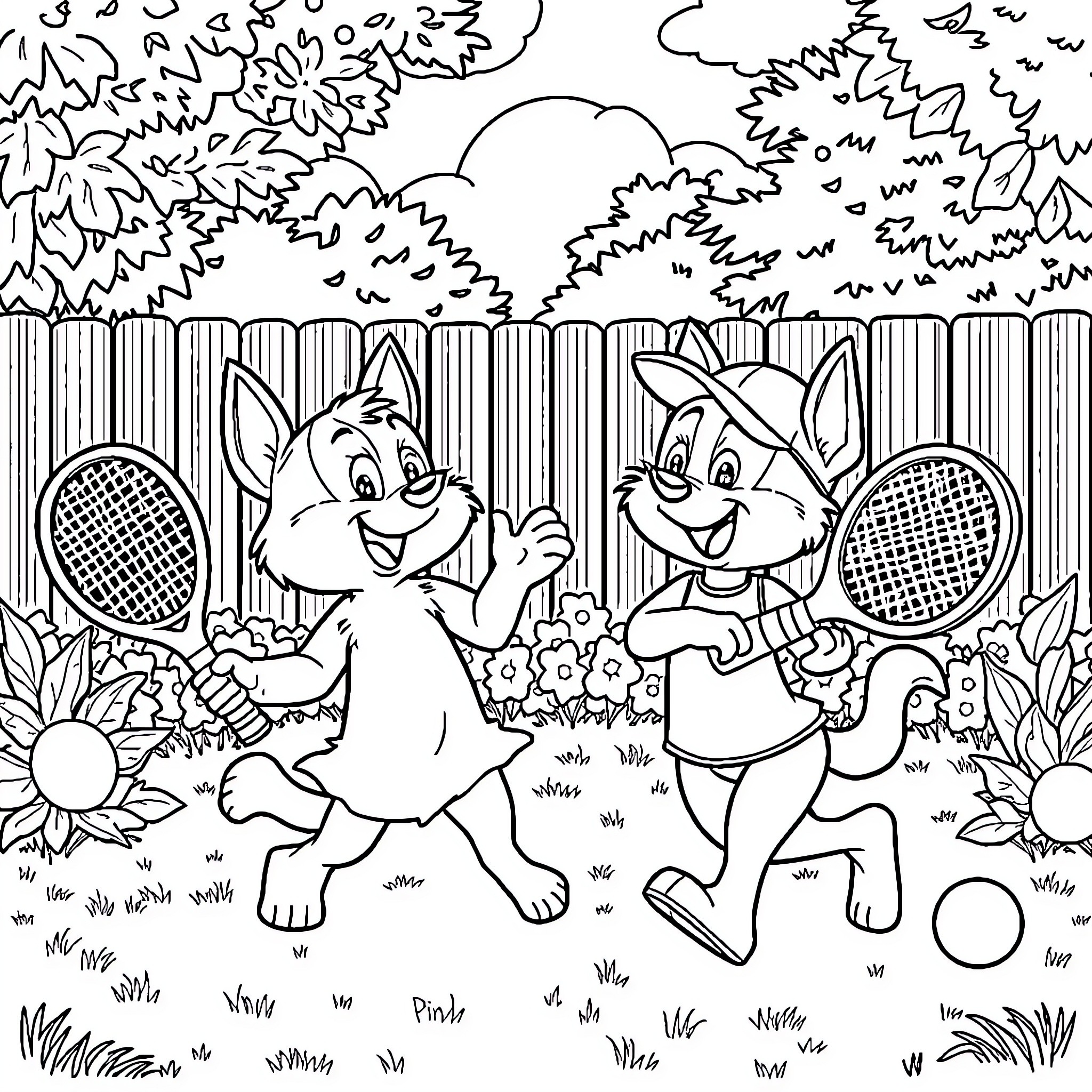 Bluey and friends playing tennis in the park Coloring Page (free black-and-white line drawing printable PDF for all, from beginners to advanced learners, including children, teens, adults, and seniors)